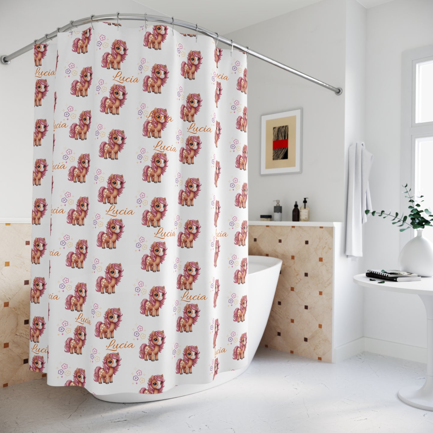 Shower Curtain — Personalized Pink Pony Pattern (Custom Name 'Lucia')