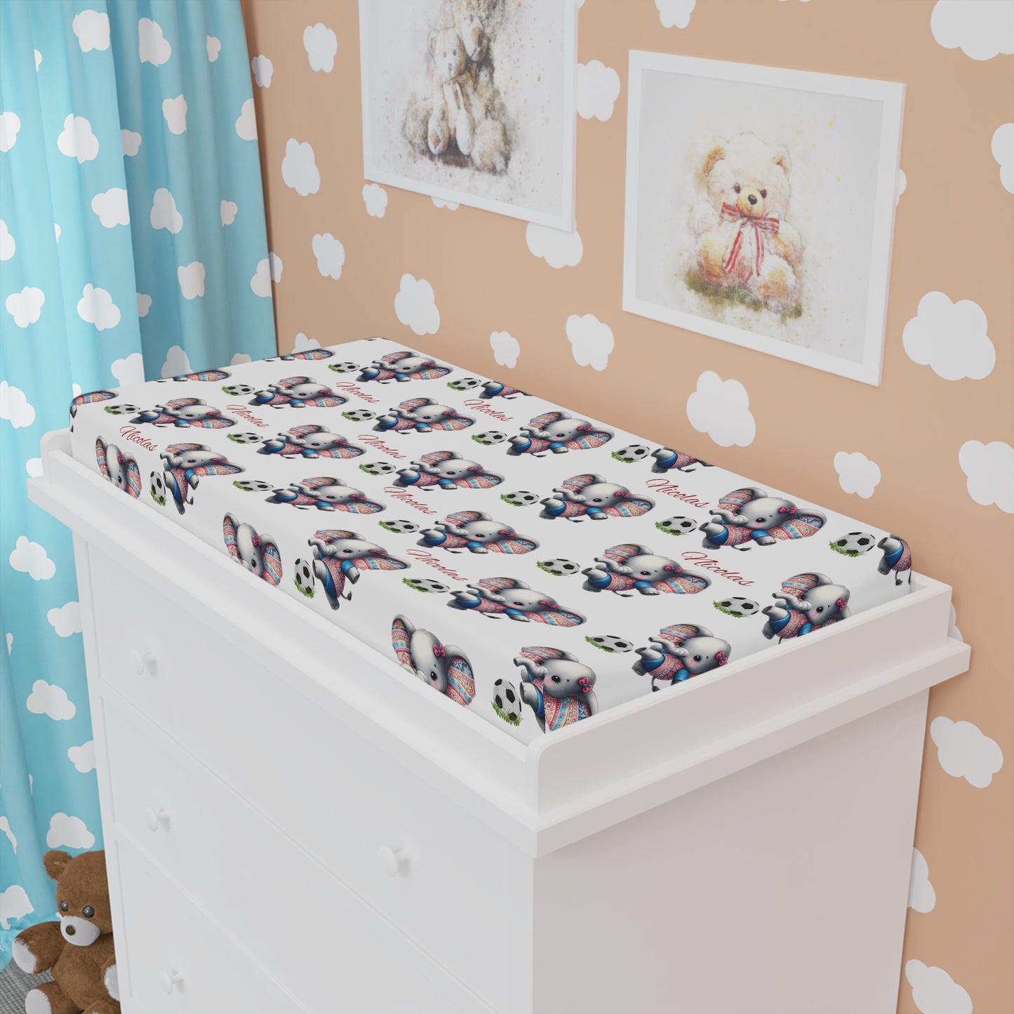Baby Changing Pad Cover — Cute Elephant & Soccer Pattern (Personalize with Name)