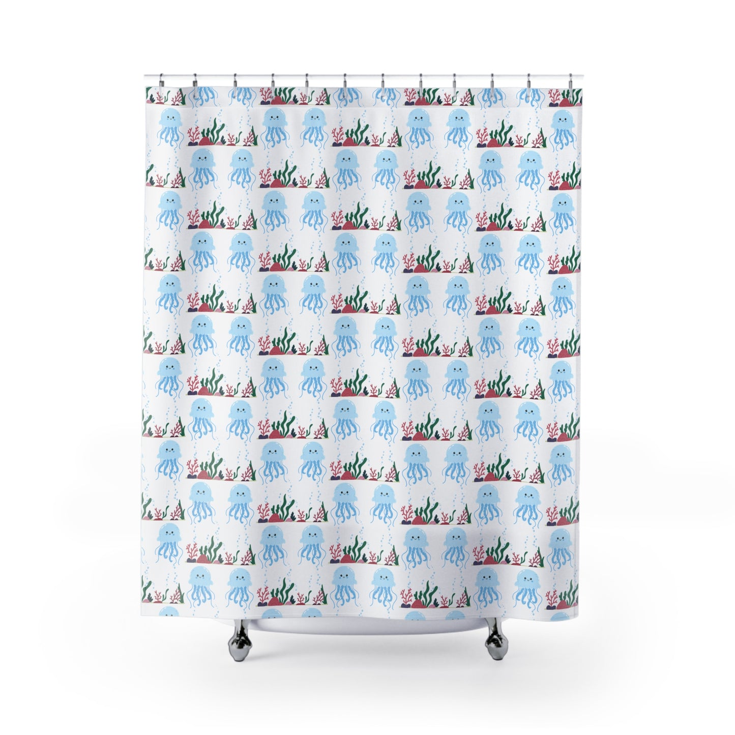 Cute Blue Jellyfish Shower Curtain — Kids Bathroom Ocean Theme with Seaweed Pattern