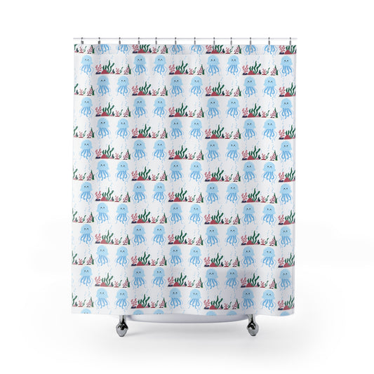 Cute Blue Jellyfish Shower Curtain — Kids Bathroom Ocean Theme with Seaweed Pattern