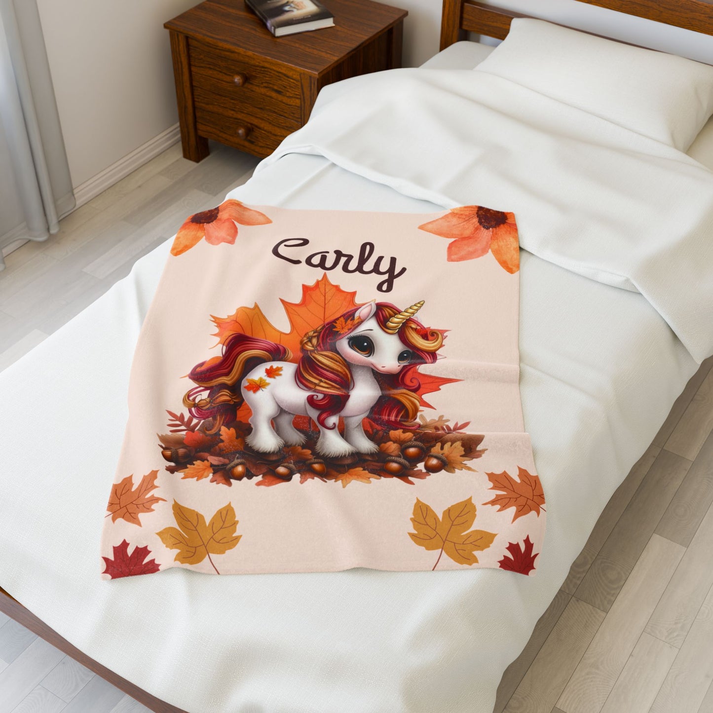 Personalized Unicorn Velveteen Plush Blanket, Cozy Kids Throw, Autumn Decor, Custom Baby Blanket, Ideal Gift for Fall Celebrations