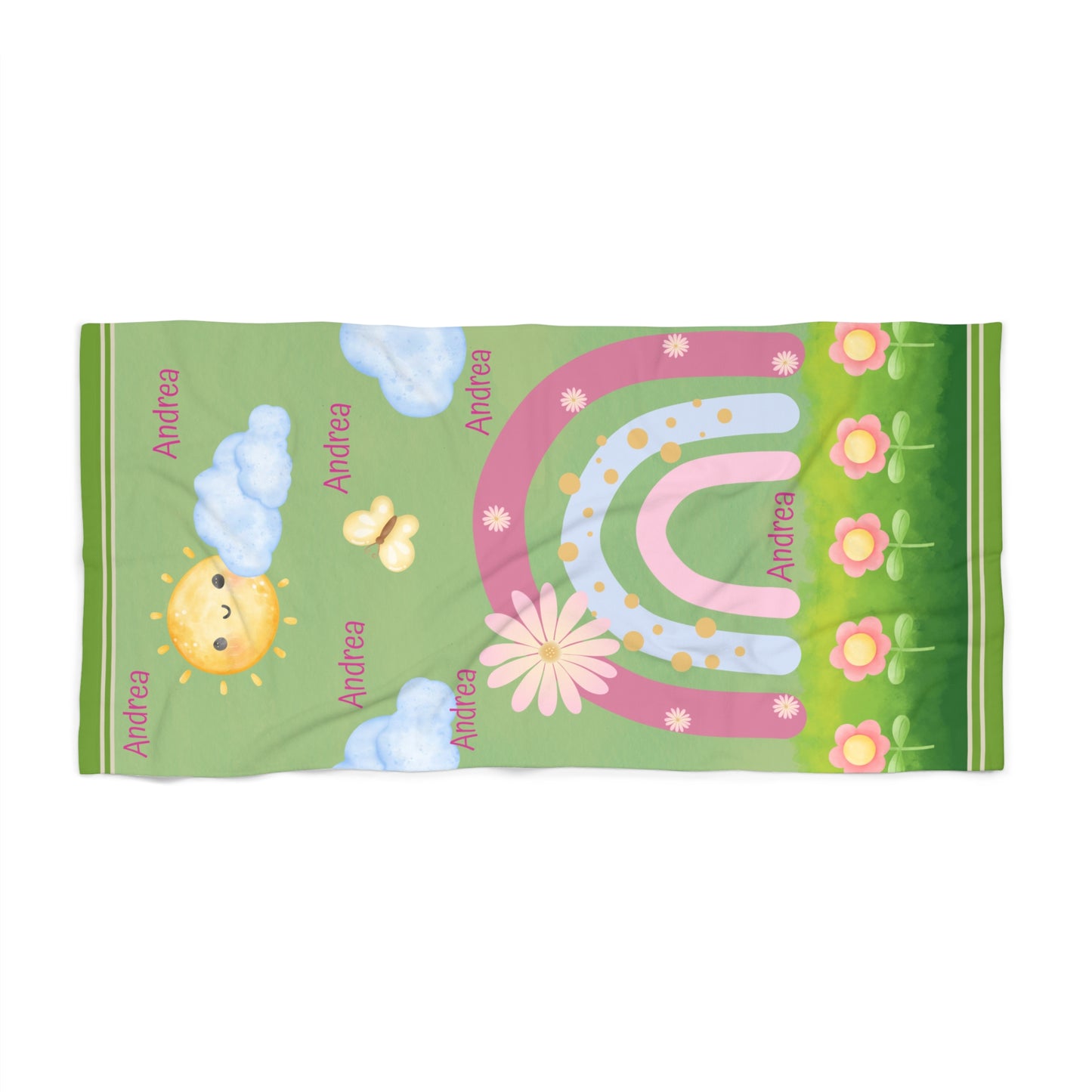 Personalized Kids Rainbow Beach Towel – Cute Sun, Flowers & Name