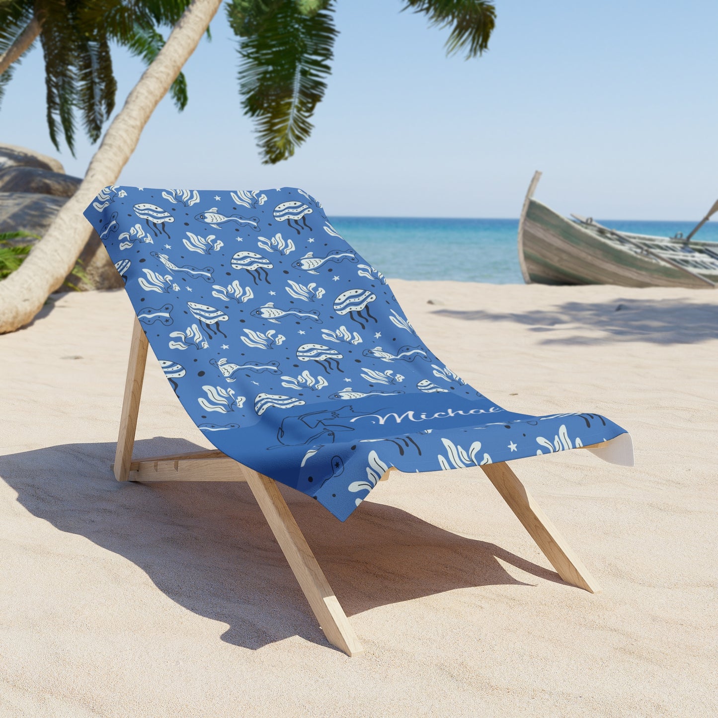 Personalized Blue Fish Beach Towel – Custom Name Coastal Cotton Towel