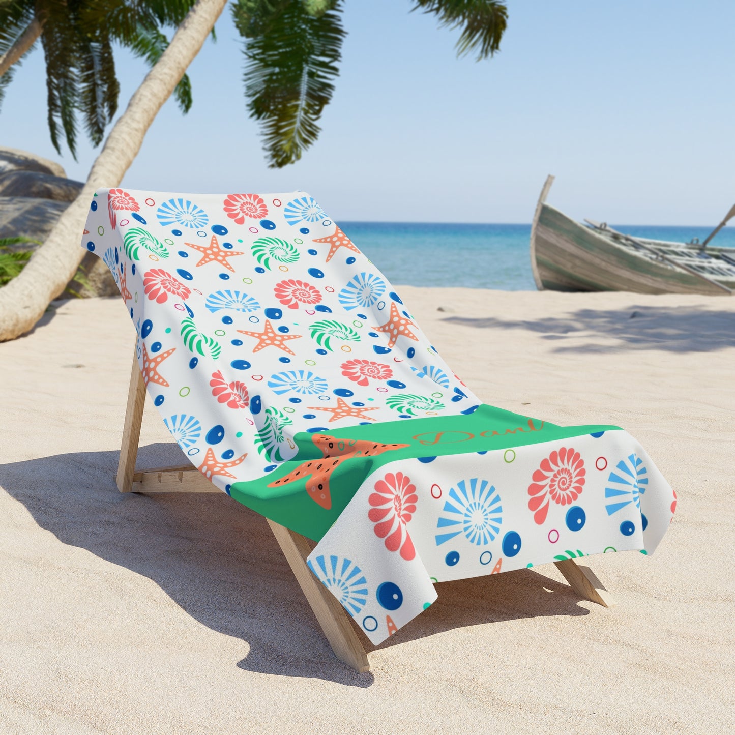 Personalized Starfish Beach Towel – Nautical Seashell Pattern, Custom Name Option