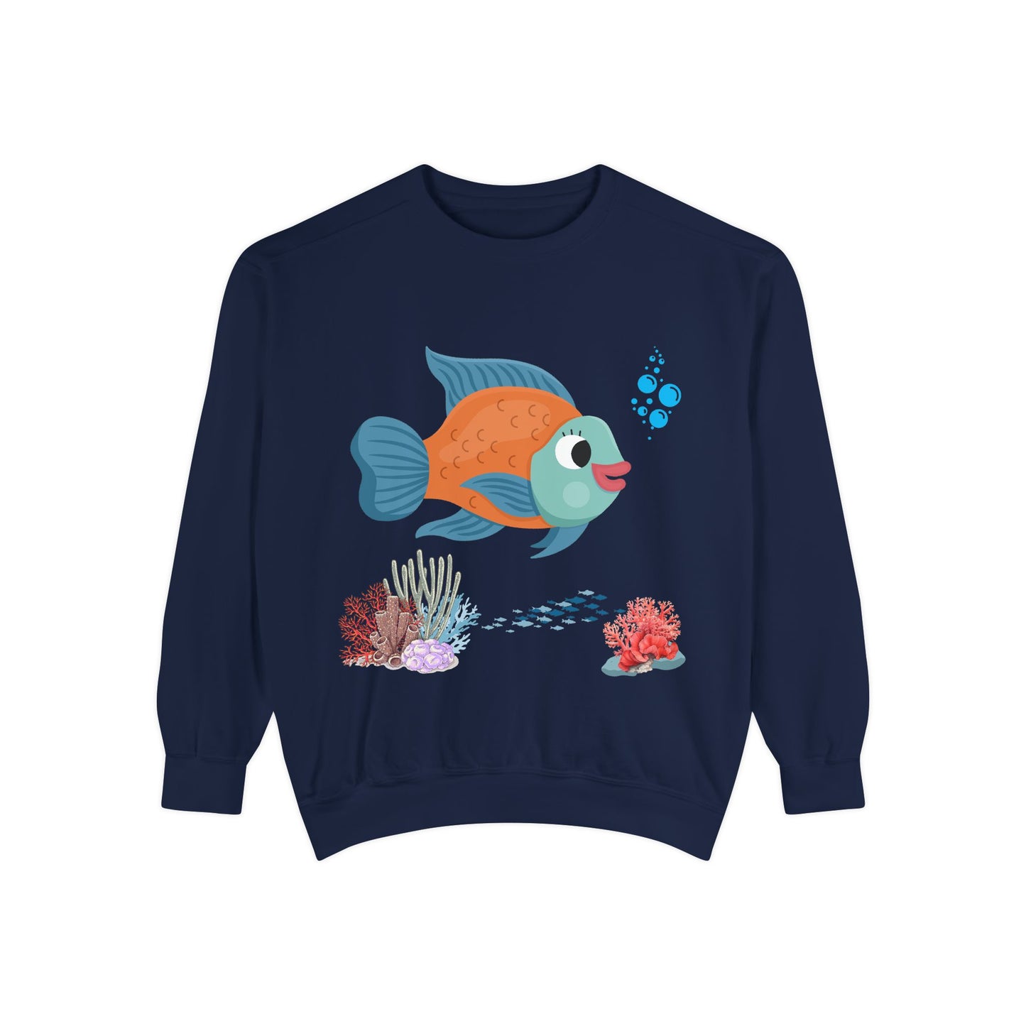 Orange and blue fish with coral and bubble Unisex Garment-Dyed Sweatshirt