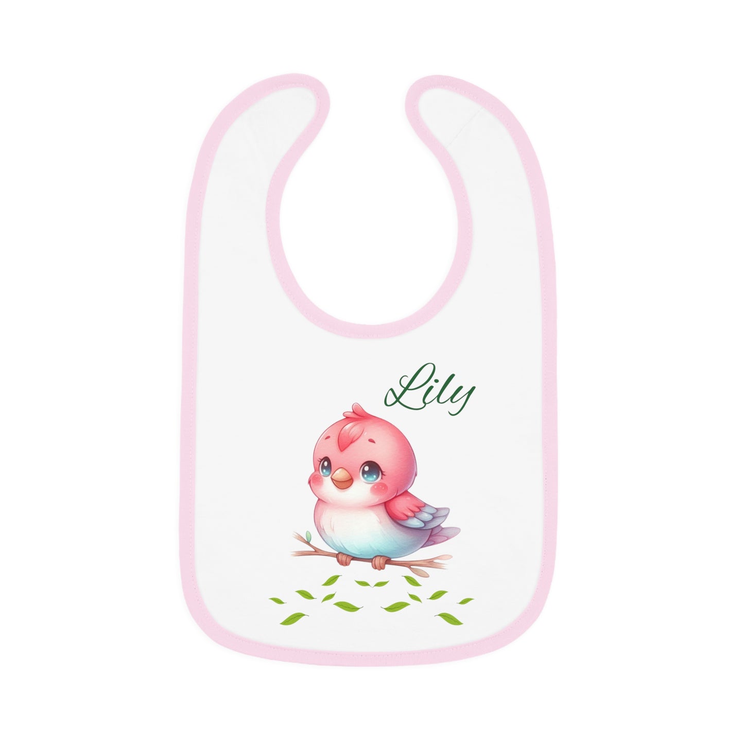 Personalized Baby Bib — Cute Pink Bird with Name (Lily) | Contrast Trim Jersey Bib