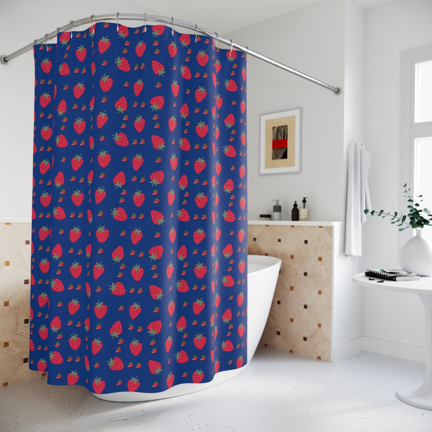 Strawberry Pattern Shower Curtain — Navy Blue Fruit Print Bathroom Decor