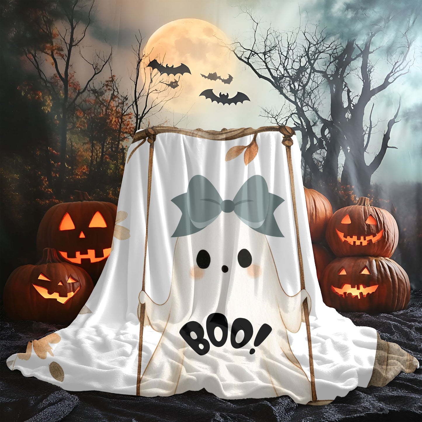 Cozy Halloween Velveteen Plush Blanket, Soft Throw for Fall Decor, Boo Ghost Design, Perfect for Movie Nights & Gifts