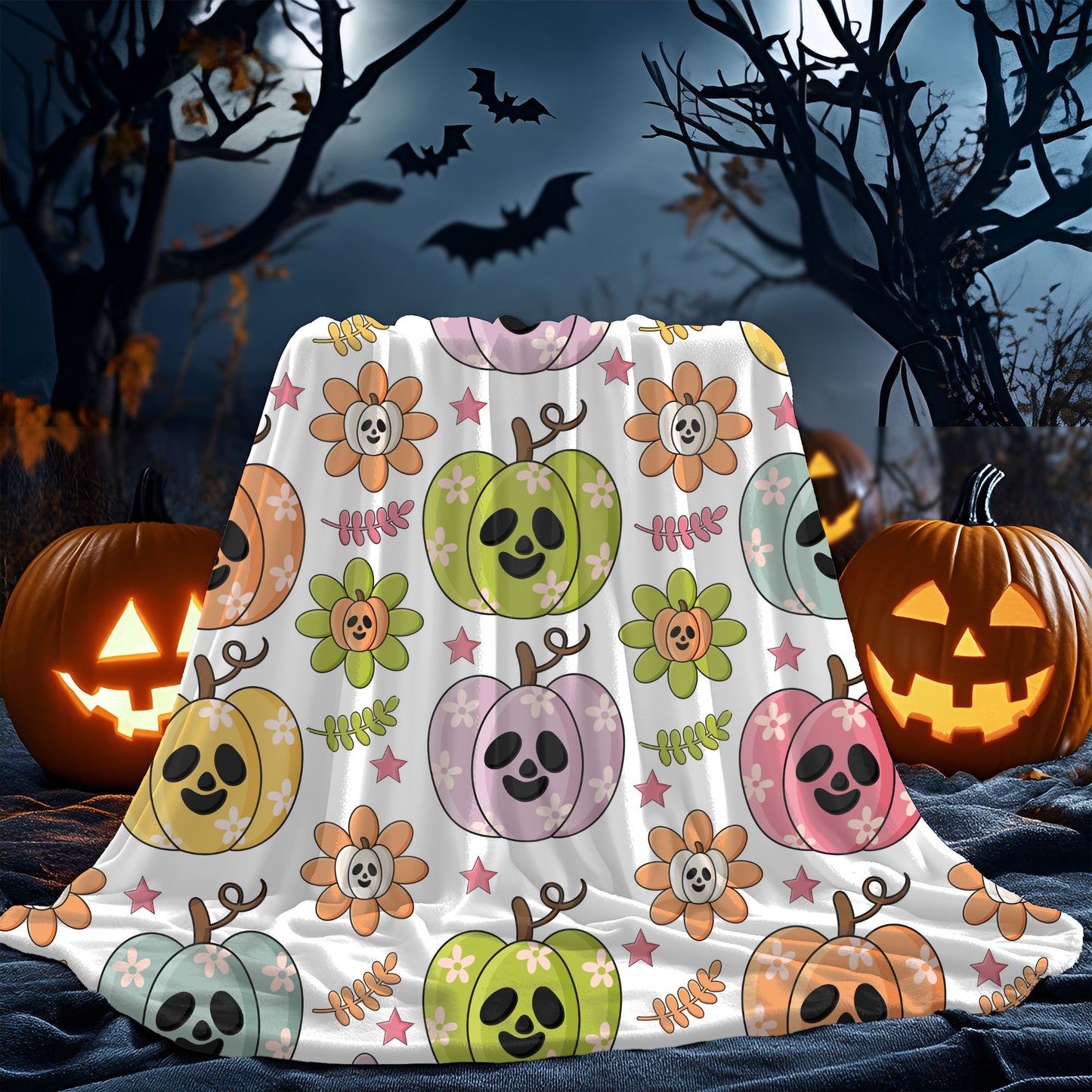 Colorful Pumpkin Plush Blanket, Cozy Fall Blanket, Halloween Decor, Cute Plush Throw, Autumn Gift Idea