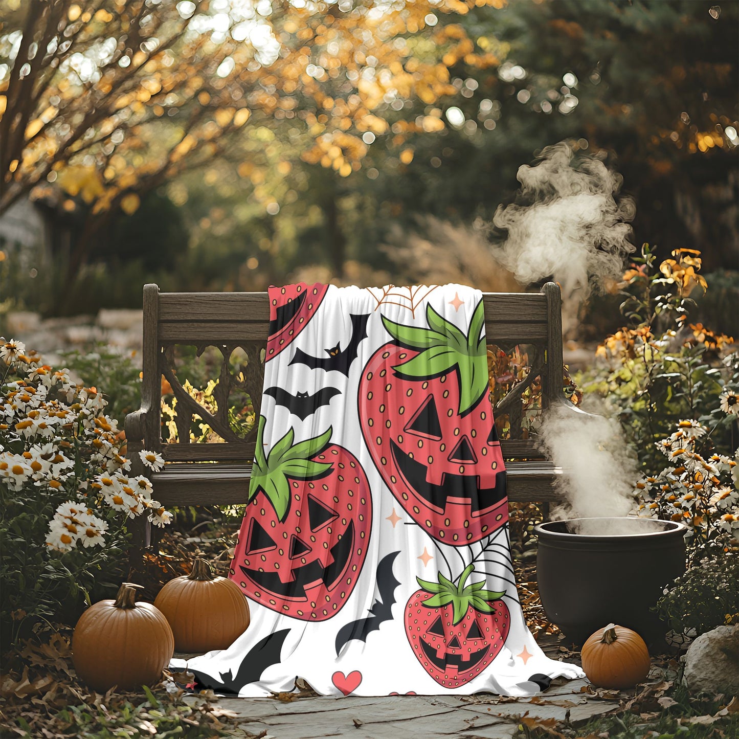 Halloween Strawberry Plush Blanket, Cozy Throw for Fall Decor, Cute Halloween Gift, Spooky Seasonal Blanket, Warm Home Accessory
