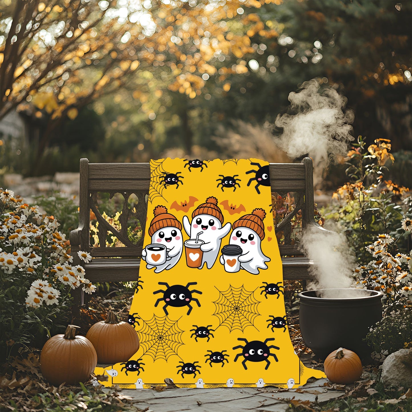 Cozy Halloween Velveteen Plush Blanket for Spooky Nights, Ghosts and Spiders Design, Perfect for Fall Decor, Gift, and Movie Nights