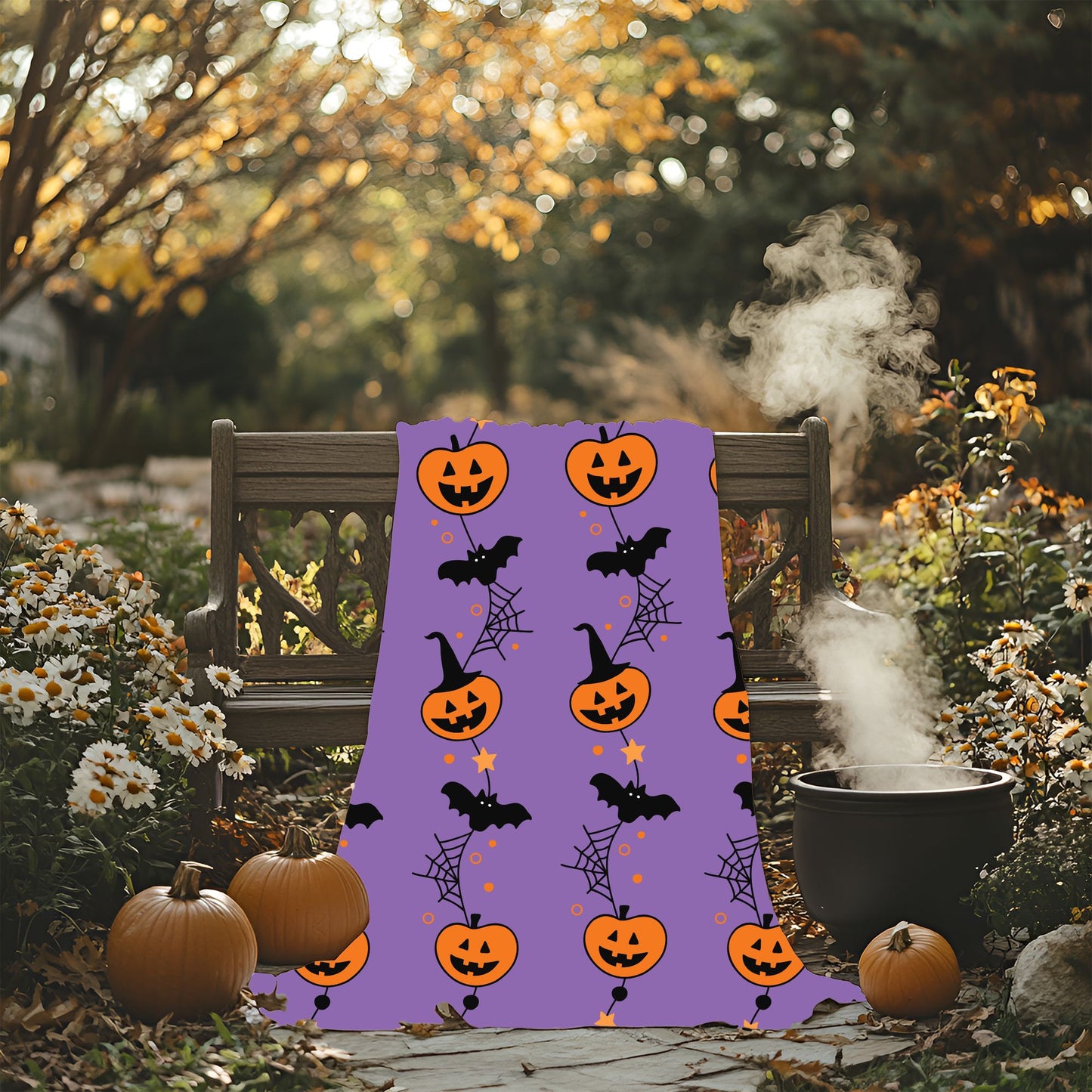 Halloween Velveteen Plush Blanket, Cozy Throw for Fall, Pumpkin and Bat Decor, Perfect for Spooky Season, Couch Blanket