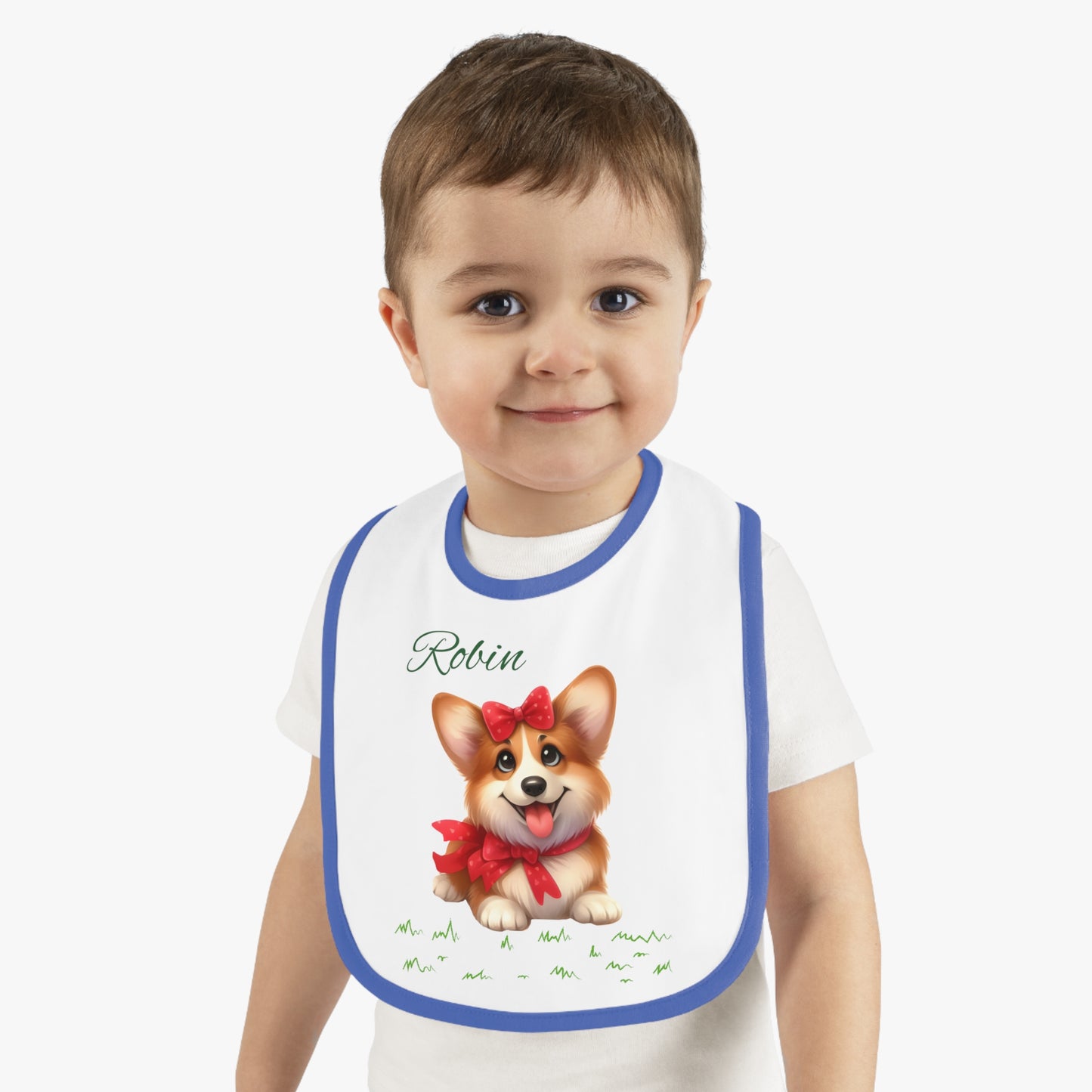 Personalized Corgi Baby Bib — Custom Name Contrast-Trim Jersey Bib