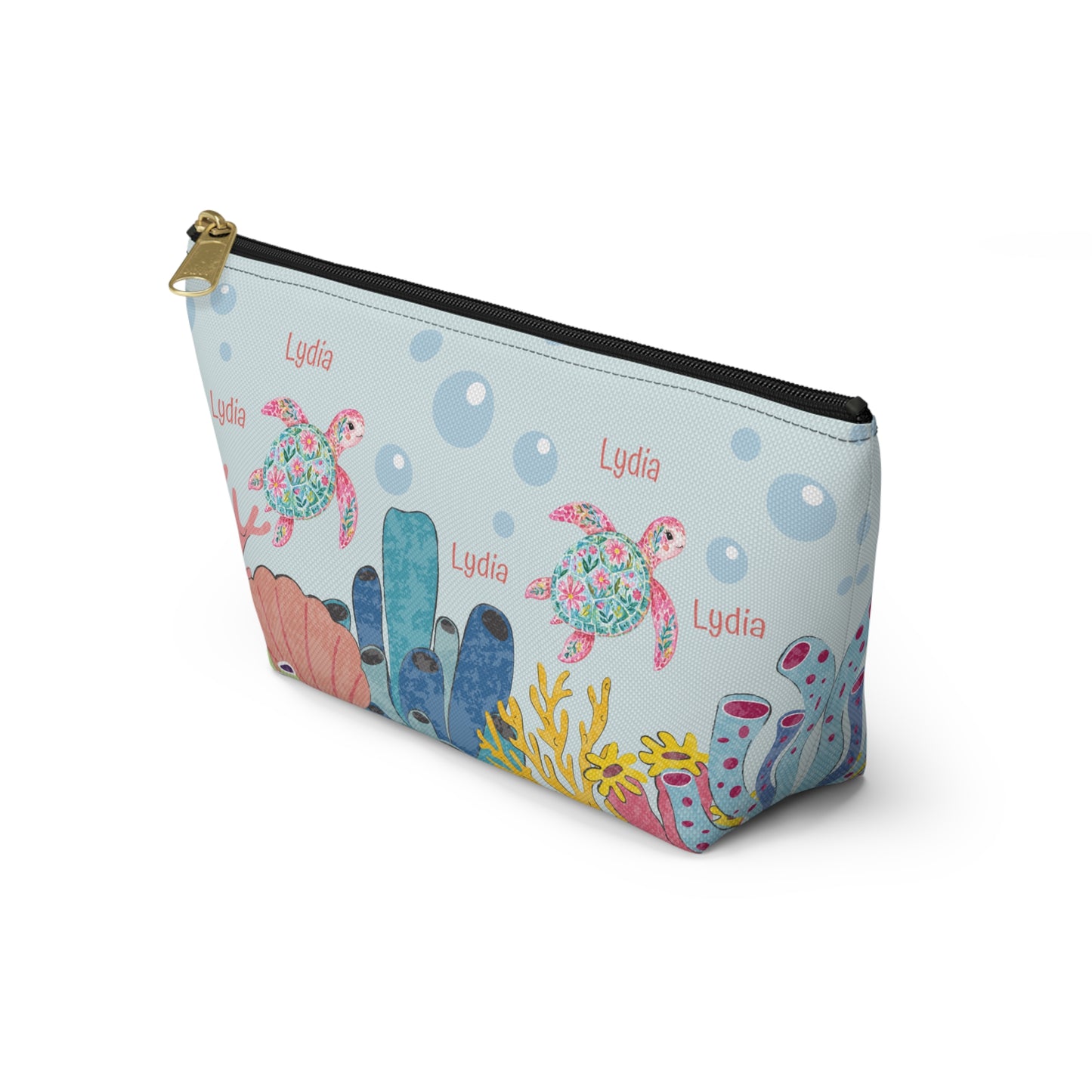 Personalized Sea Turtle Makeup Bag — Floral Turtle Cosmetic Pouch