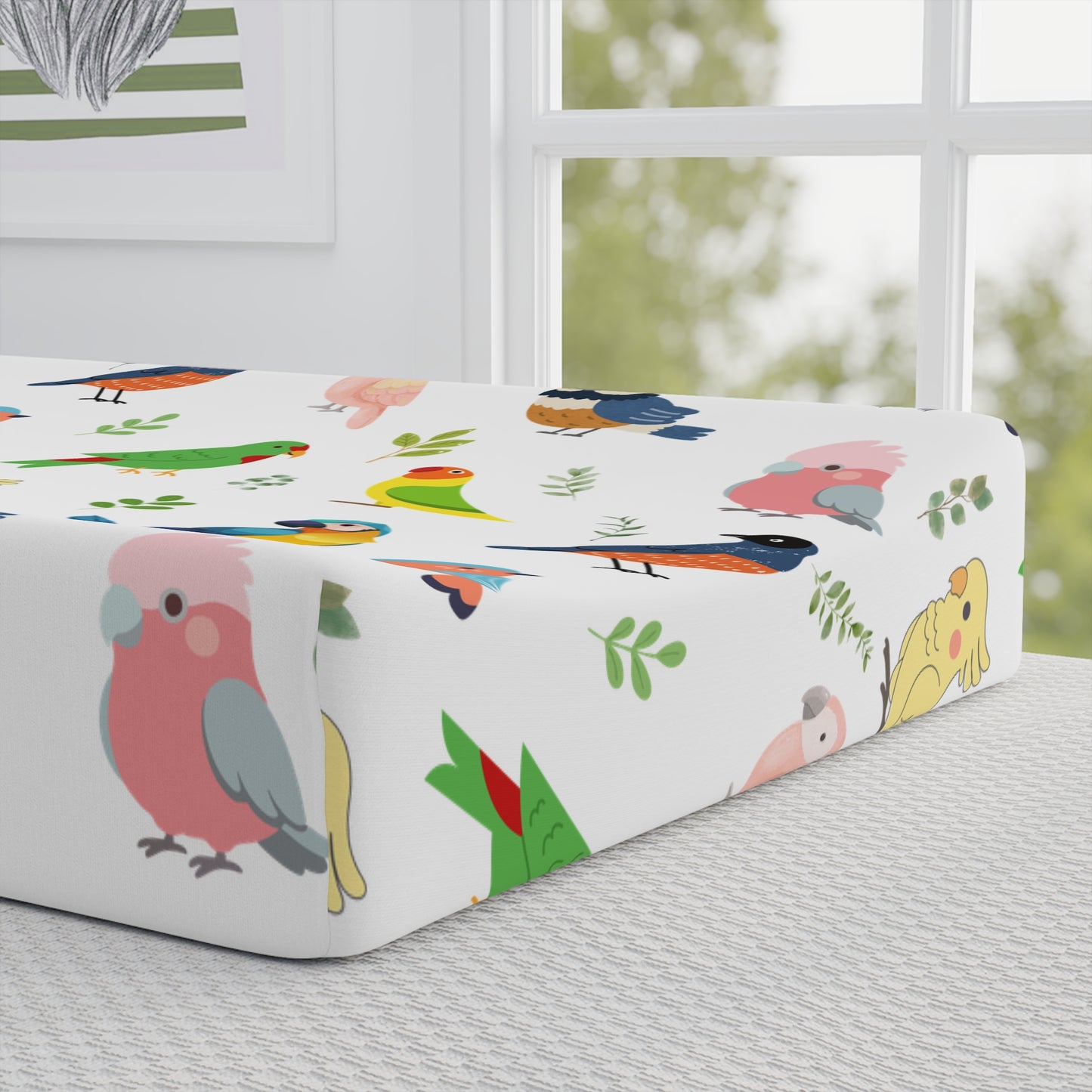 Birds & Leaves Baby Changing Pad Cover — Colorful Parakeet Nursery Bedding