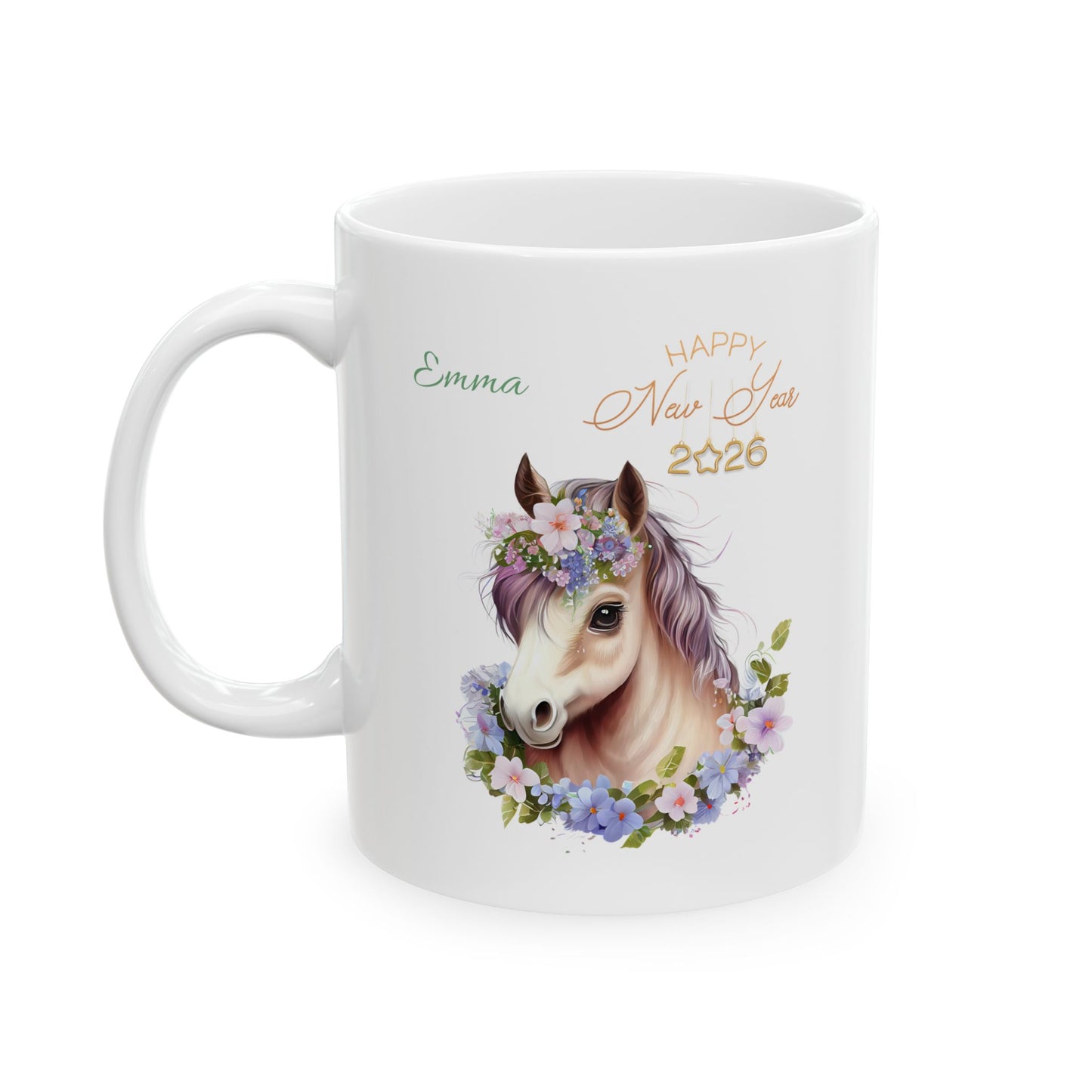 Floral Horse Ceramic Mug – Personalized "Emma" Coffee Cup (11oz & 15oz)
