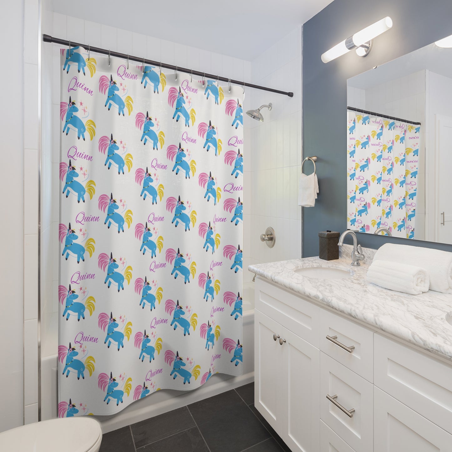 Unicorn Name Shower Curtain — Personalized "Quinn" Kids Bath Decor
