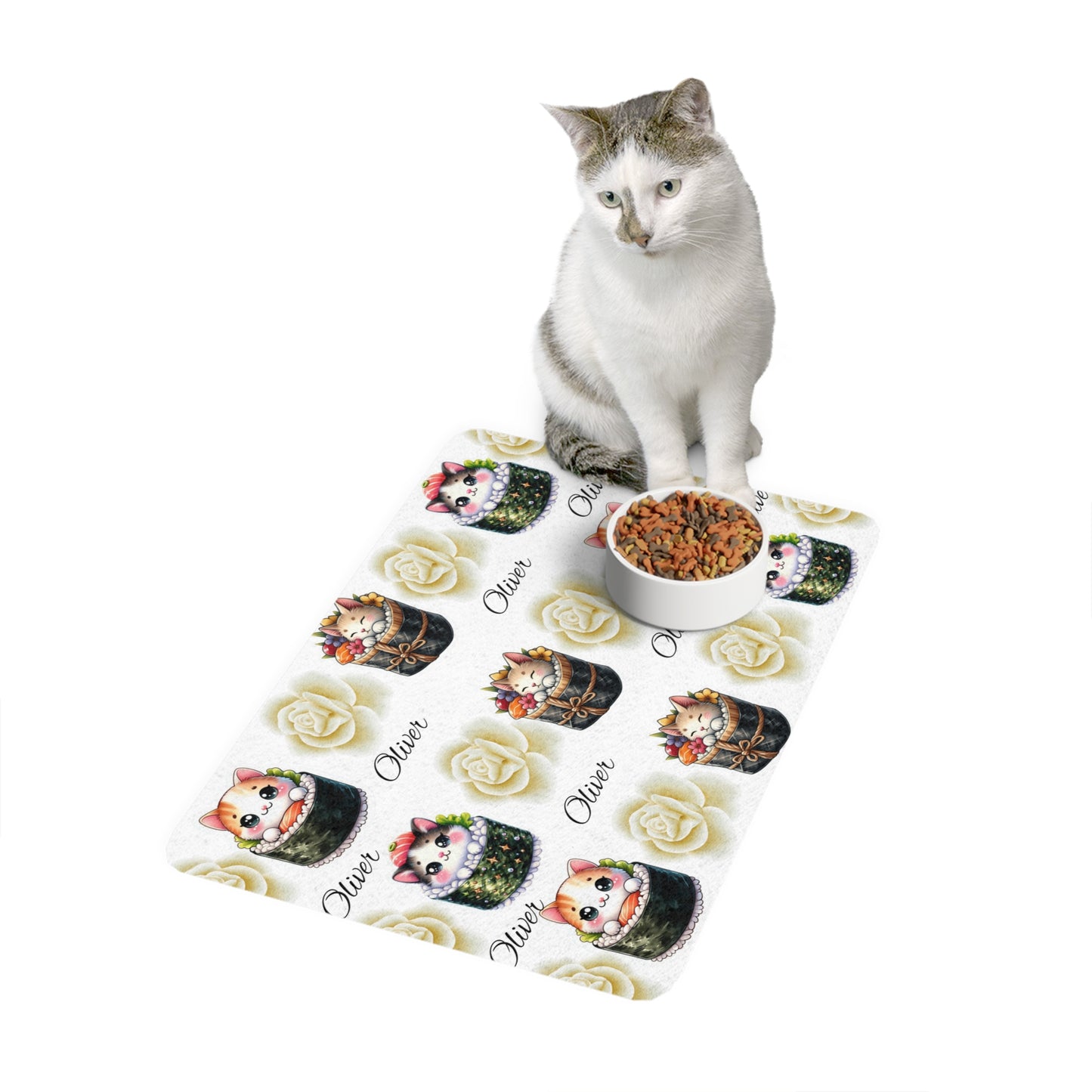Personalized Cat Sushi Pet Food Mat (12x18) — Cute Name 'Oliver' Design