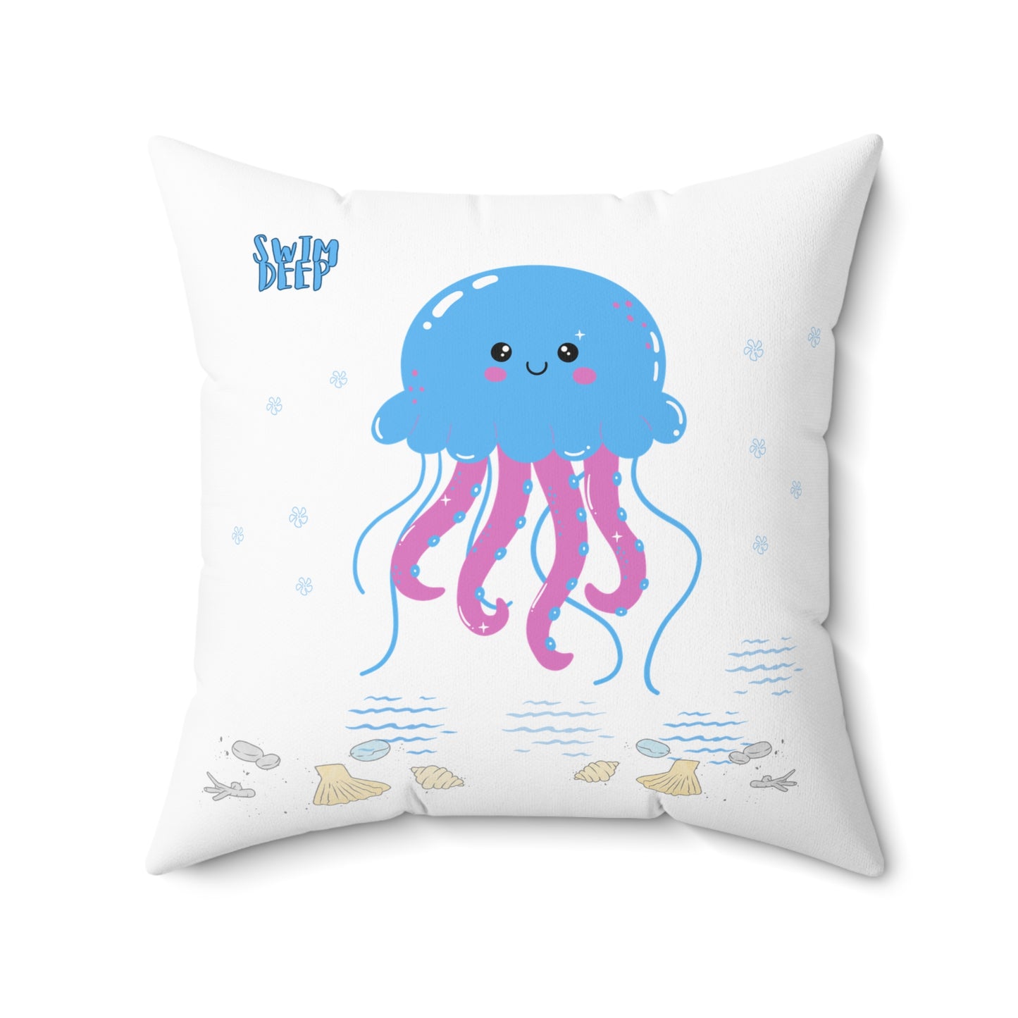 Blue jellyfish with pink tentacles Spun Polyester Square Pillow