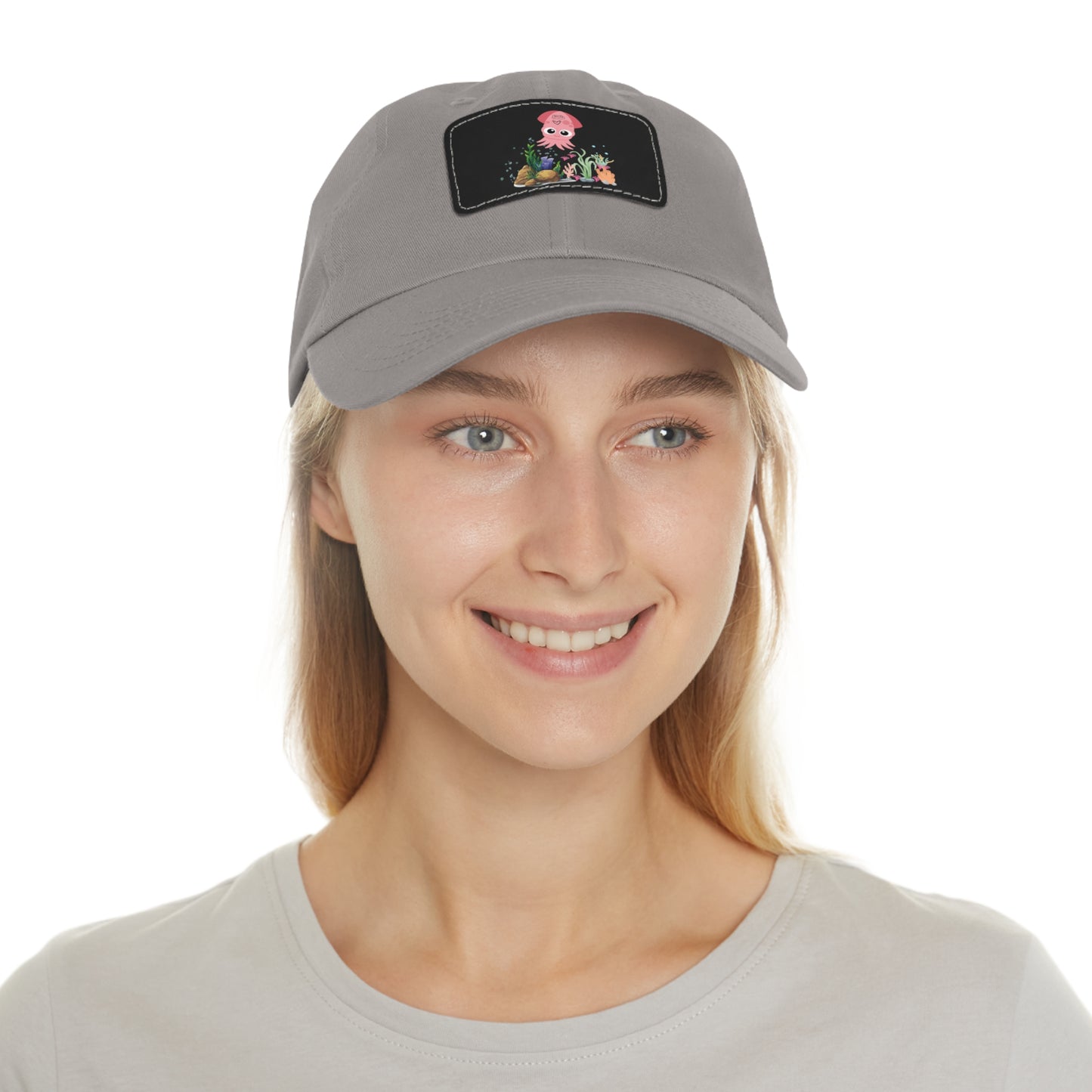 Pink squid cartoon with love Dad Hat with Leather Patch (Rectangle)