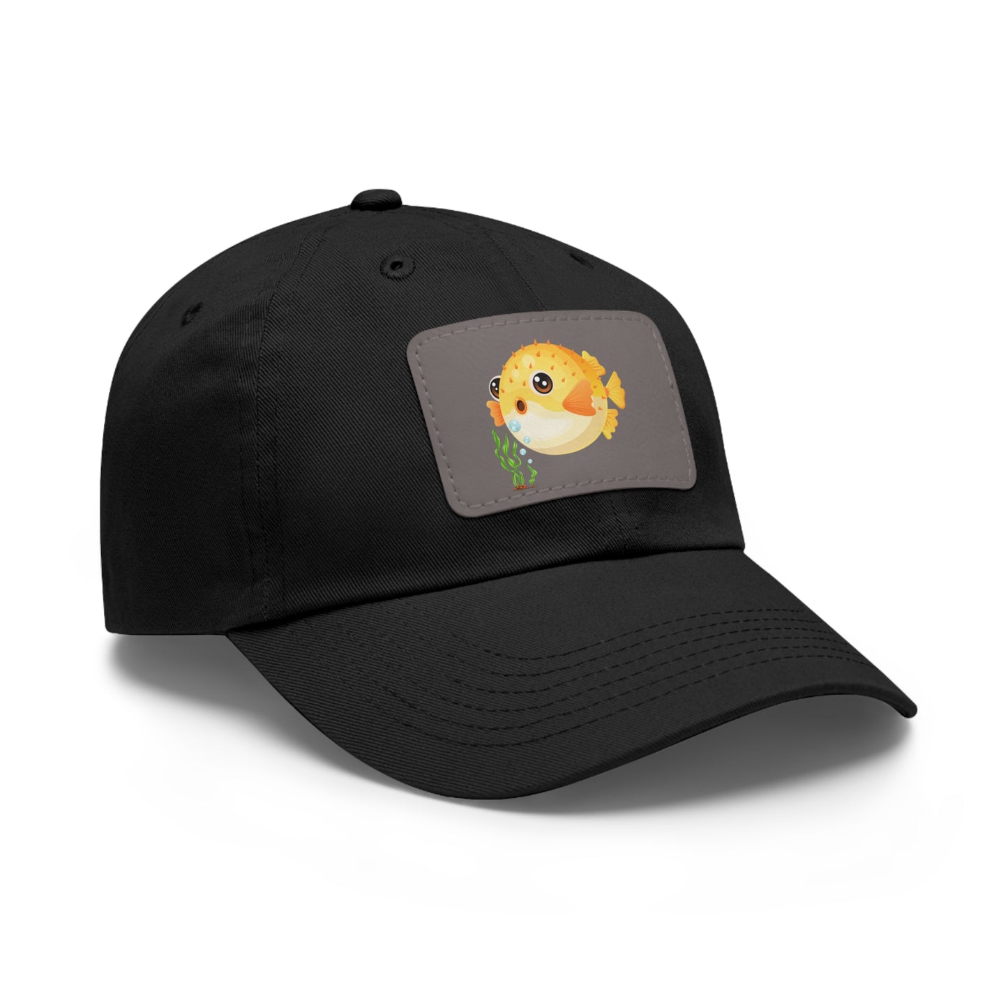 Cartoon Pufferfish with seaweed Dad Hat with Leather Patch (Rectangle)