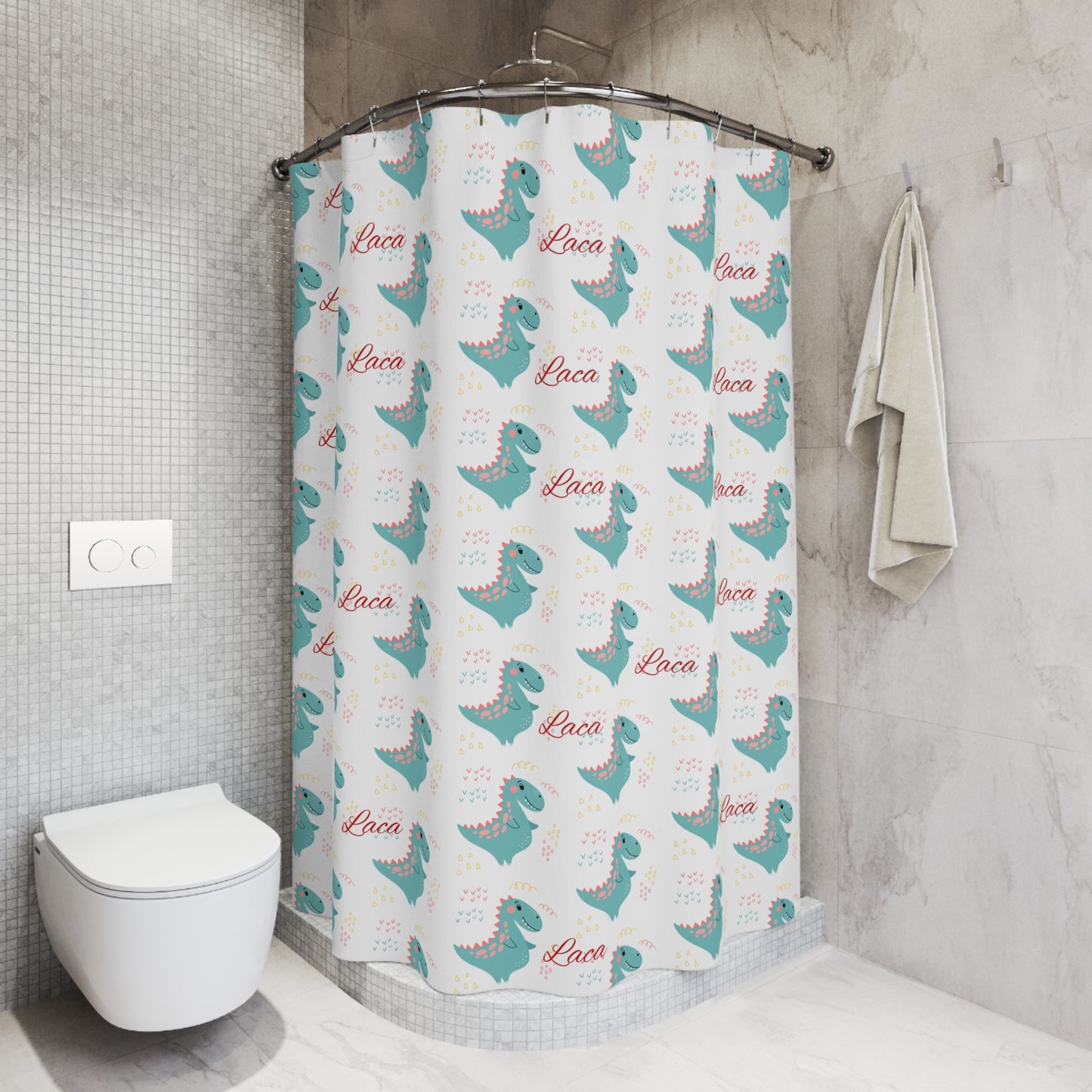 Dino Love Shower Curtain — Cute Teal Dinosaur Pattern with "Laca" Script