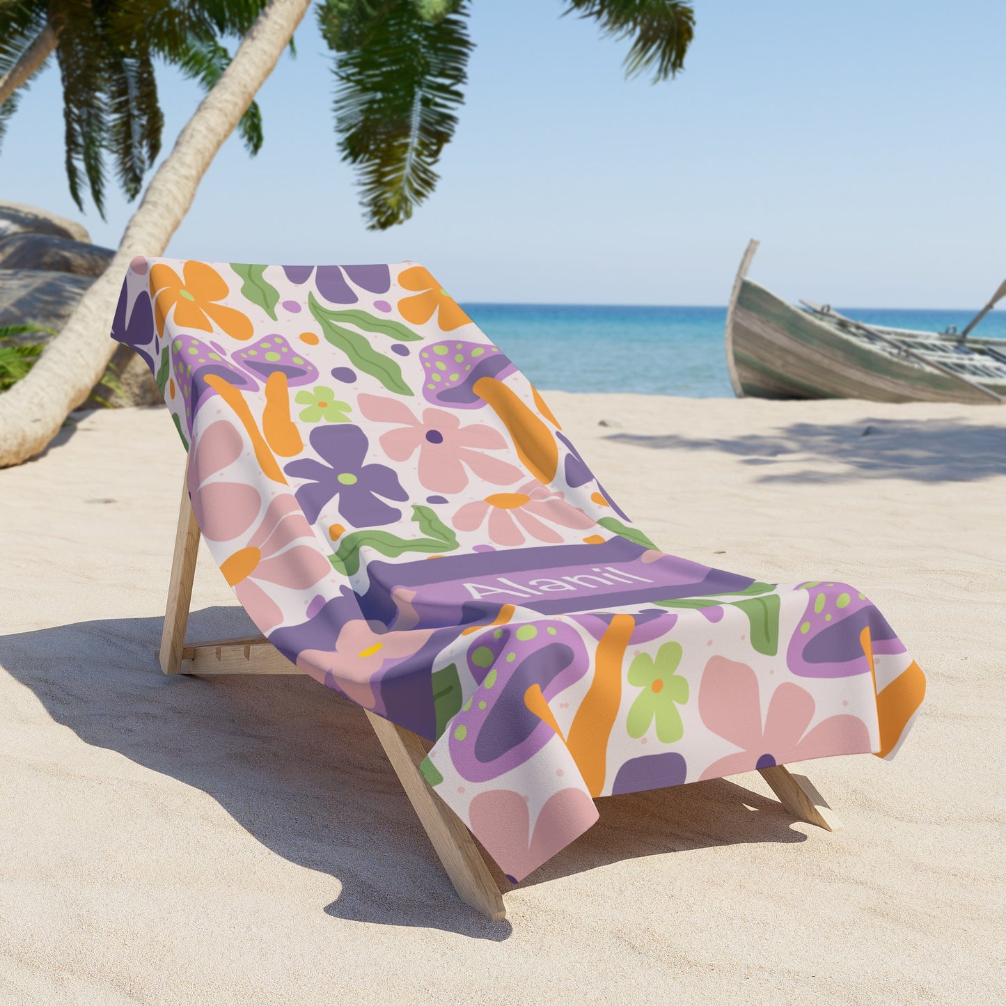Personalized Floral Beach Towel — Custom Name Tropical Flower Pattern