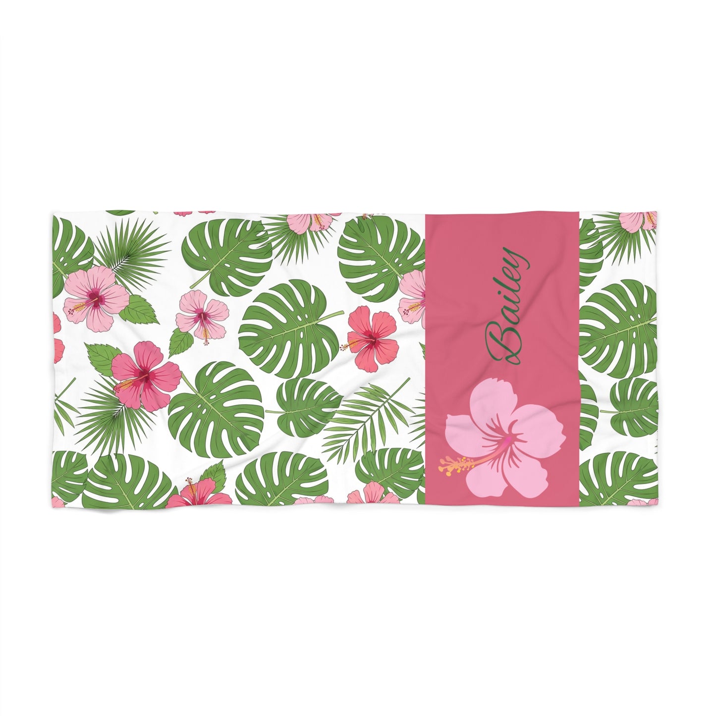 Personalized Tropical Hibiscus Beach Towel – Monstera Leaf & Pink Floral Design