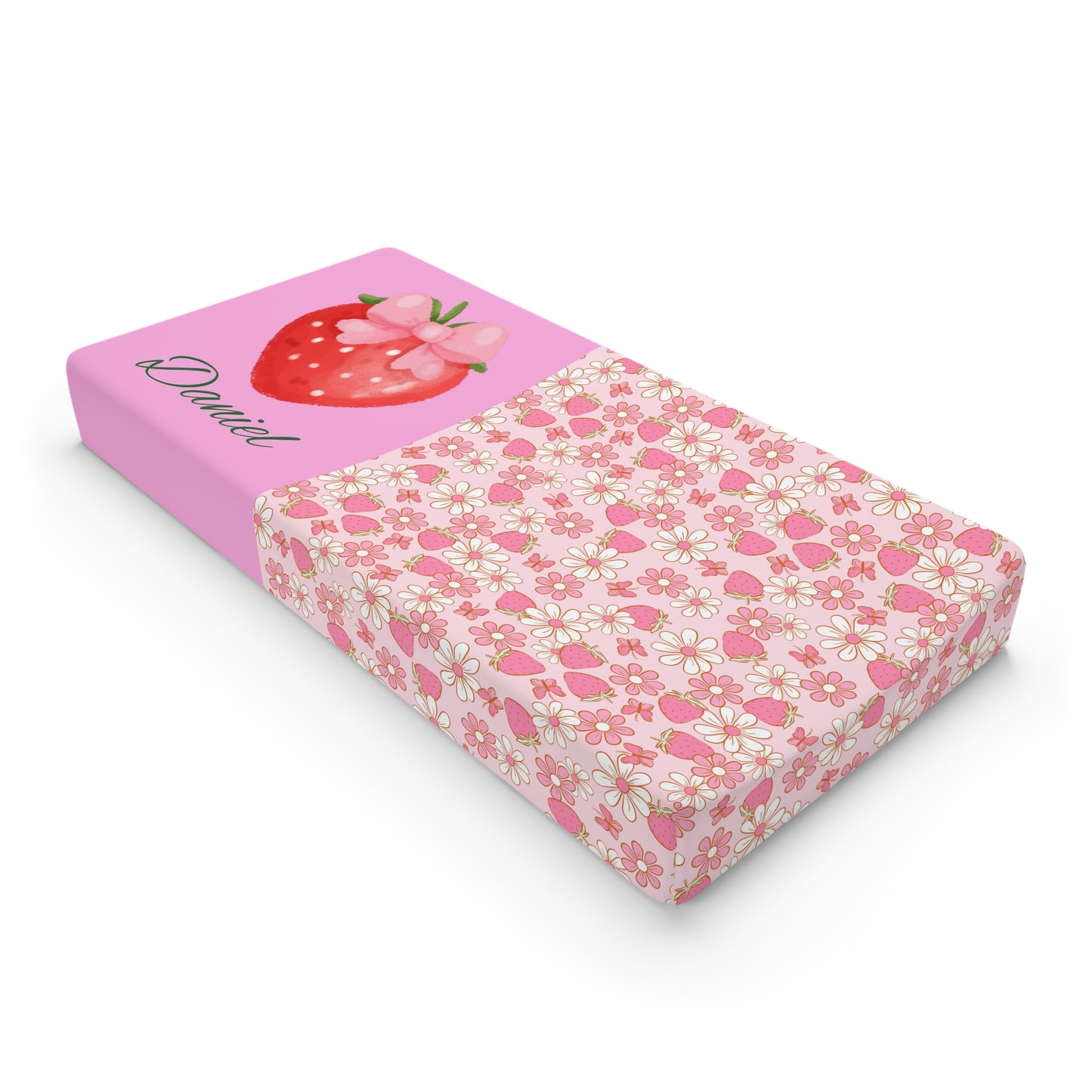 Strawberry Blossom Baby Changing Pad Cover — Pink Floral Nursery Decor