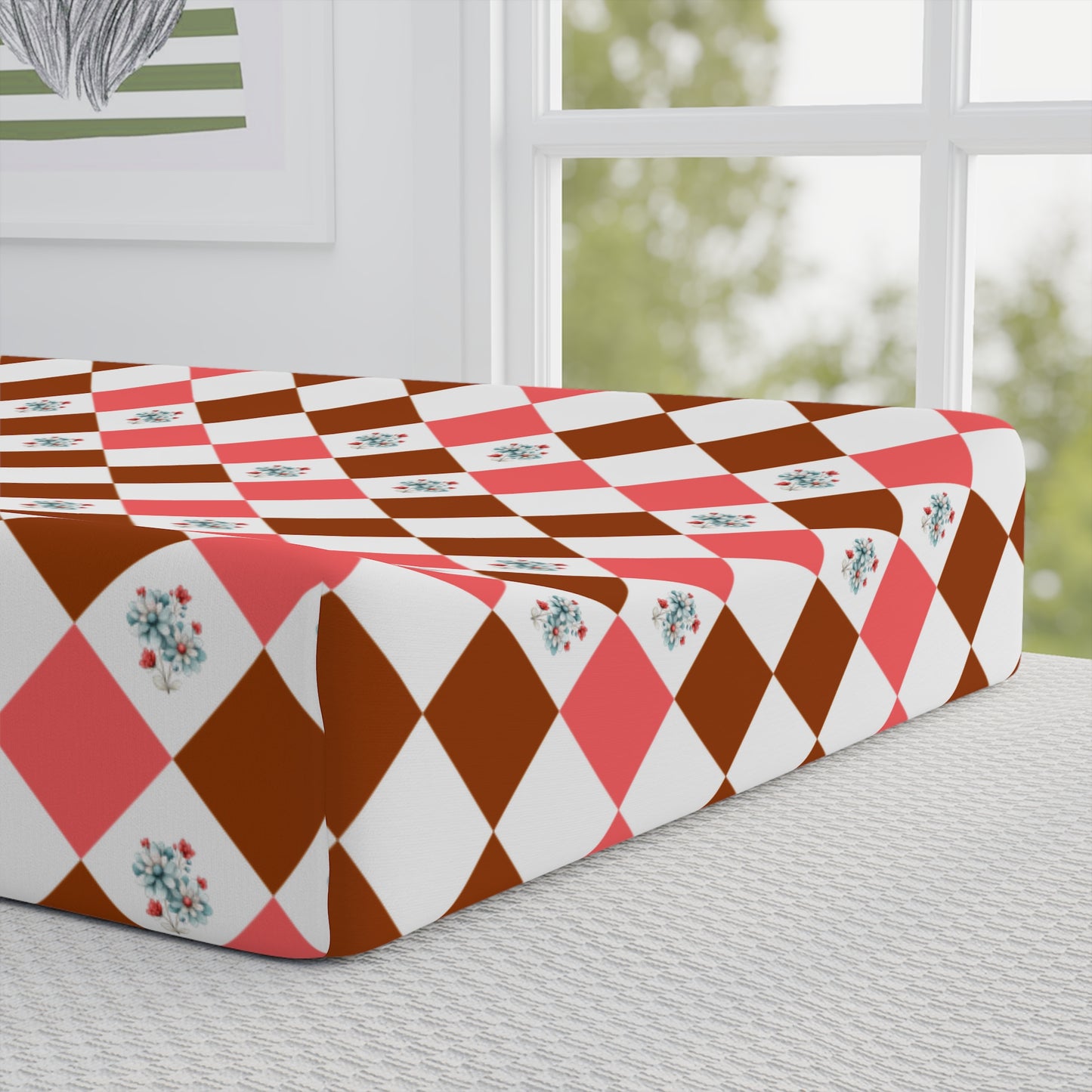 Diamond Patchwork Baby Changing Pad Cover — Pink & Brown Floral Check