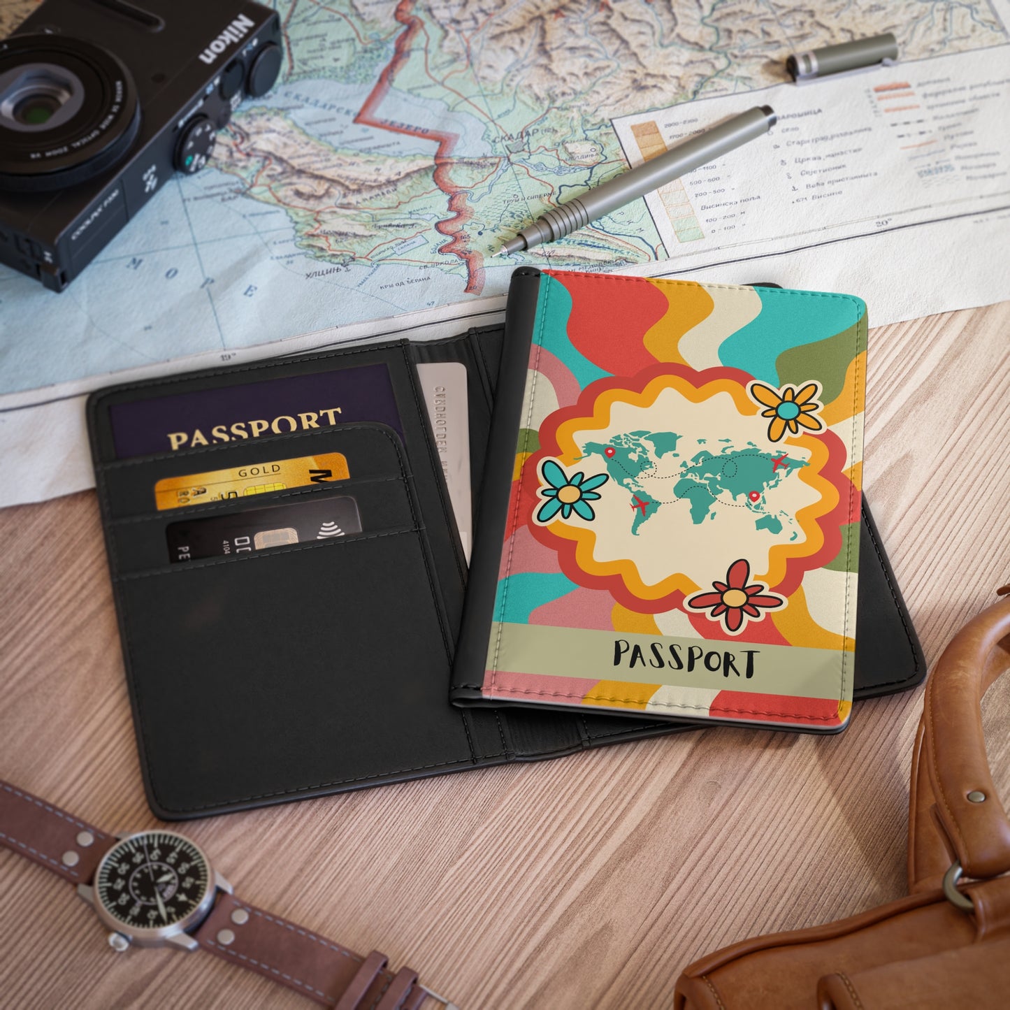 Retro Floral World Map Passport Cover — Colorful Travel Document Holder