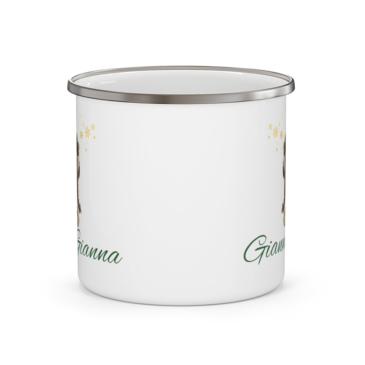 Personalized Enamel Camping Mug with Cute Winter Design