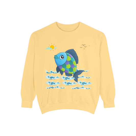 Fish with a sun and birds in the sky above water Unisex Garment-Dyed Sweatshirt