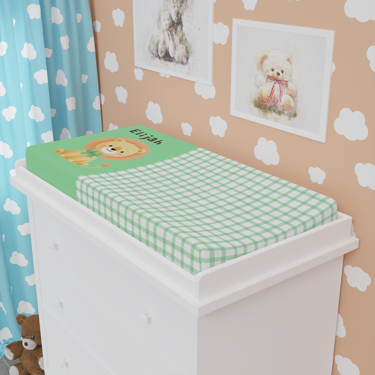 Personalized Lion Baby Changing Pad Cover – Green Gingham Nursery Accent