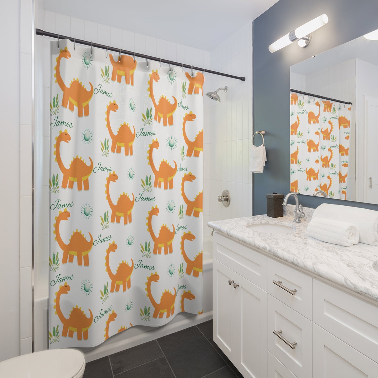 Personalized Orange Dinosaur Shower Curtain — Custom Name 'James' Kids Bathroom Decor