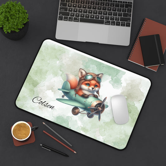 Cute Fox Pilot Desk Mat, Personalized Desk Accessories, Kids Room Decor, Office Supplies, Animal Lover Gift