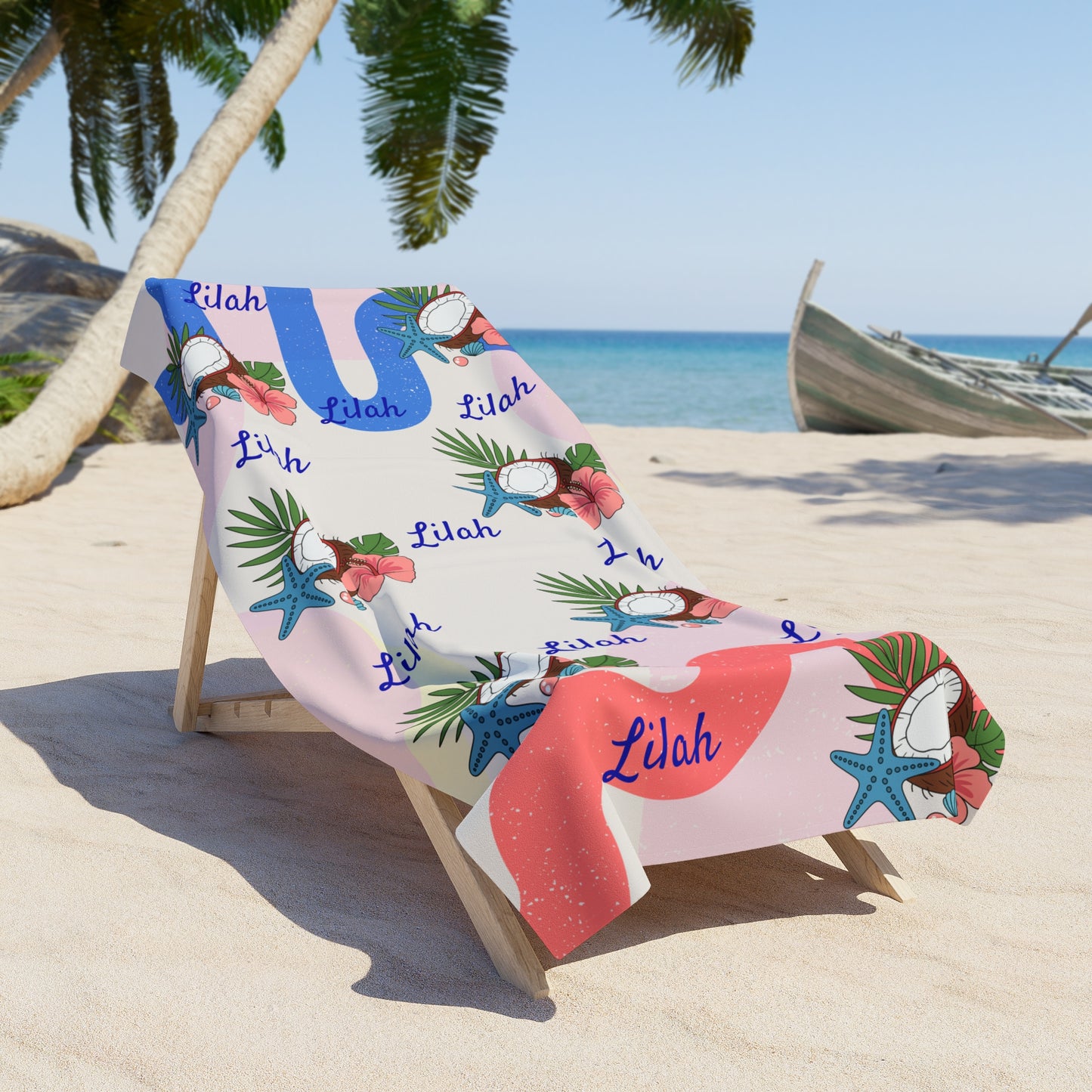 Tropical Coconut Beach Towel — Personalized “Lilah” Floral Surf Design