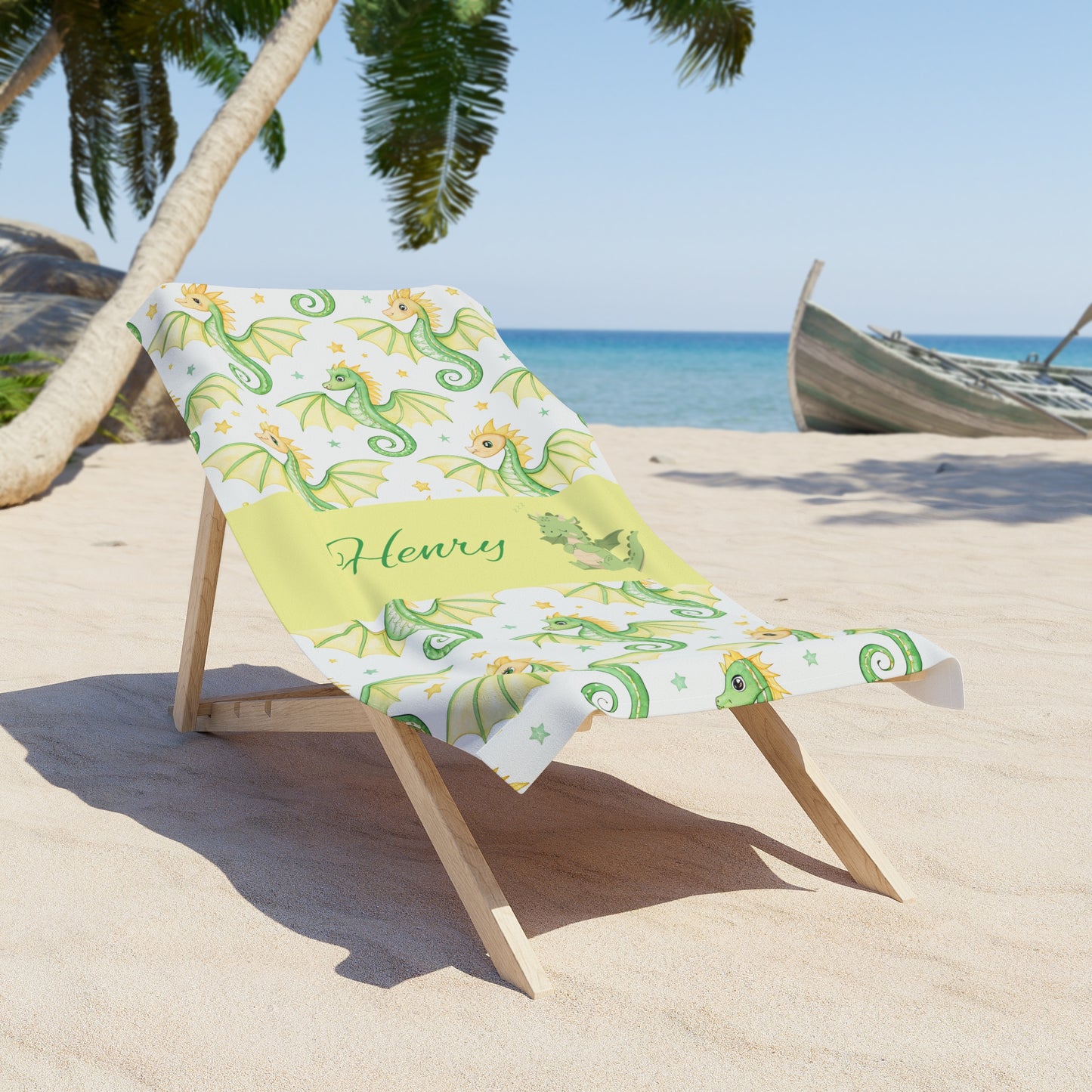 Personalized Green Sea Dragon Beach Towel - Floral Nautical Summer Towel