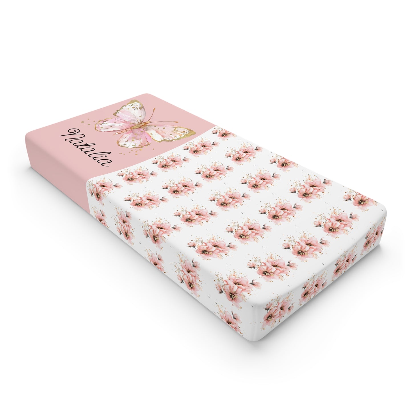 Floral Butterfly Baby Changing Pad Cover — Personalized Pink Nursery Protector