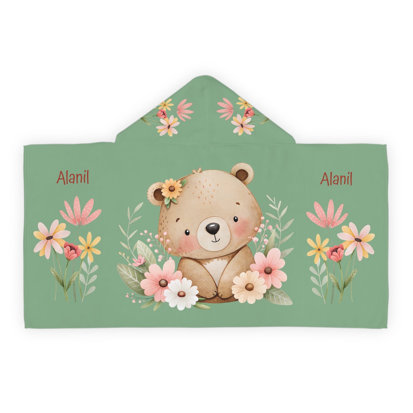 Personalized Kids Hooded Towel — Floral Bear Name Teepee Hood