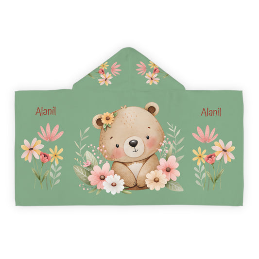 Personalized Kids Hooded Towel — Floral Bear Name Teepee Hood