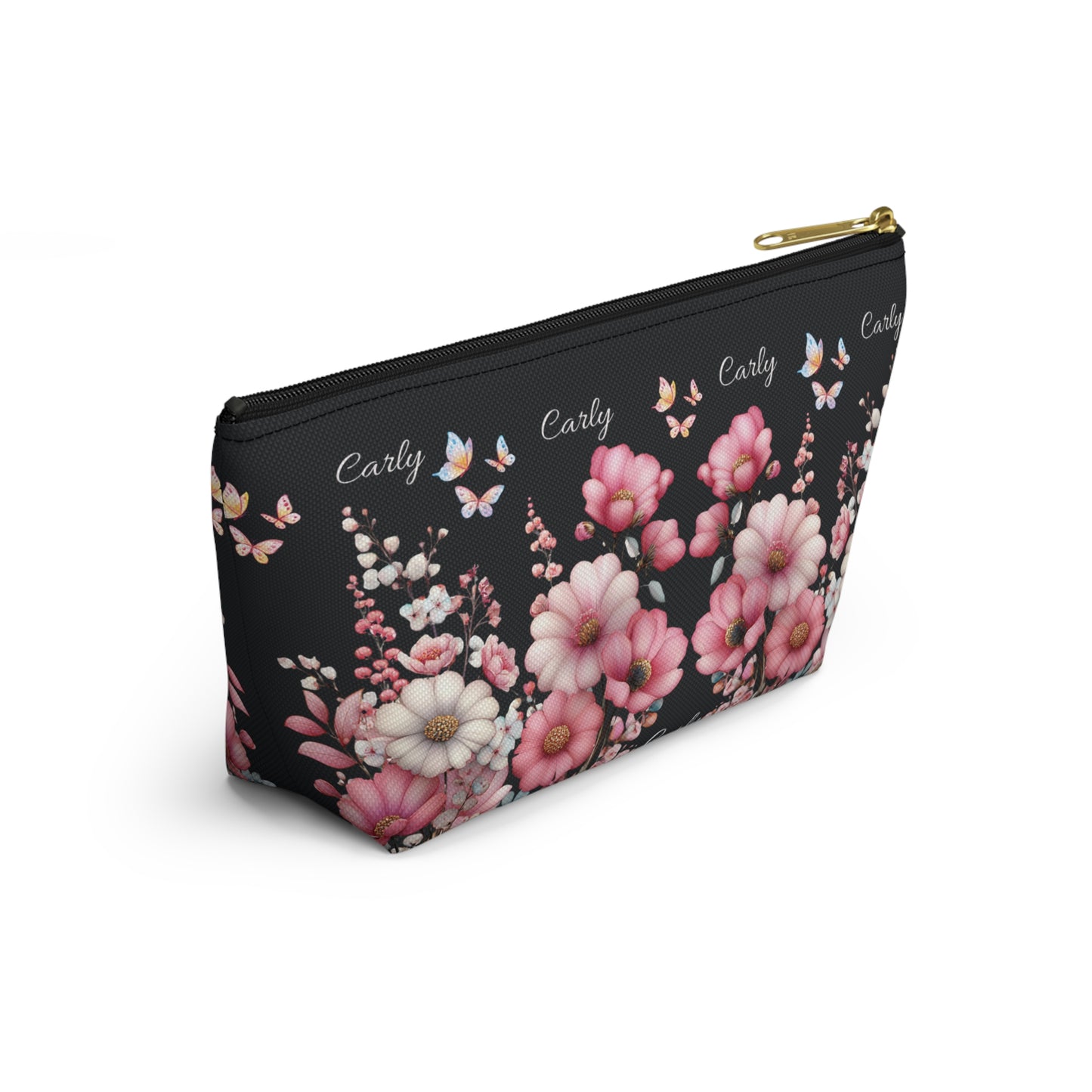 Floral Cosmetic Pouch with Pink Blooms — Personalized 'Carly' Accessory Bag