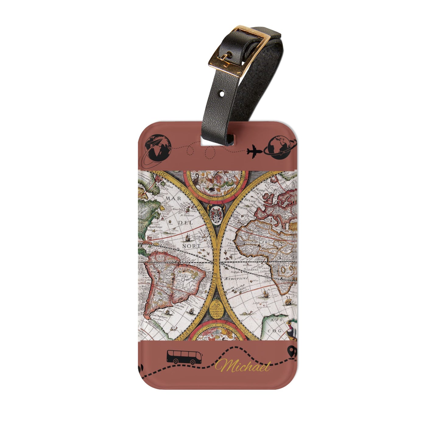 Vintage World Map Luggage Tag — Personalized Travel ID
