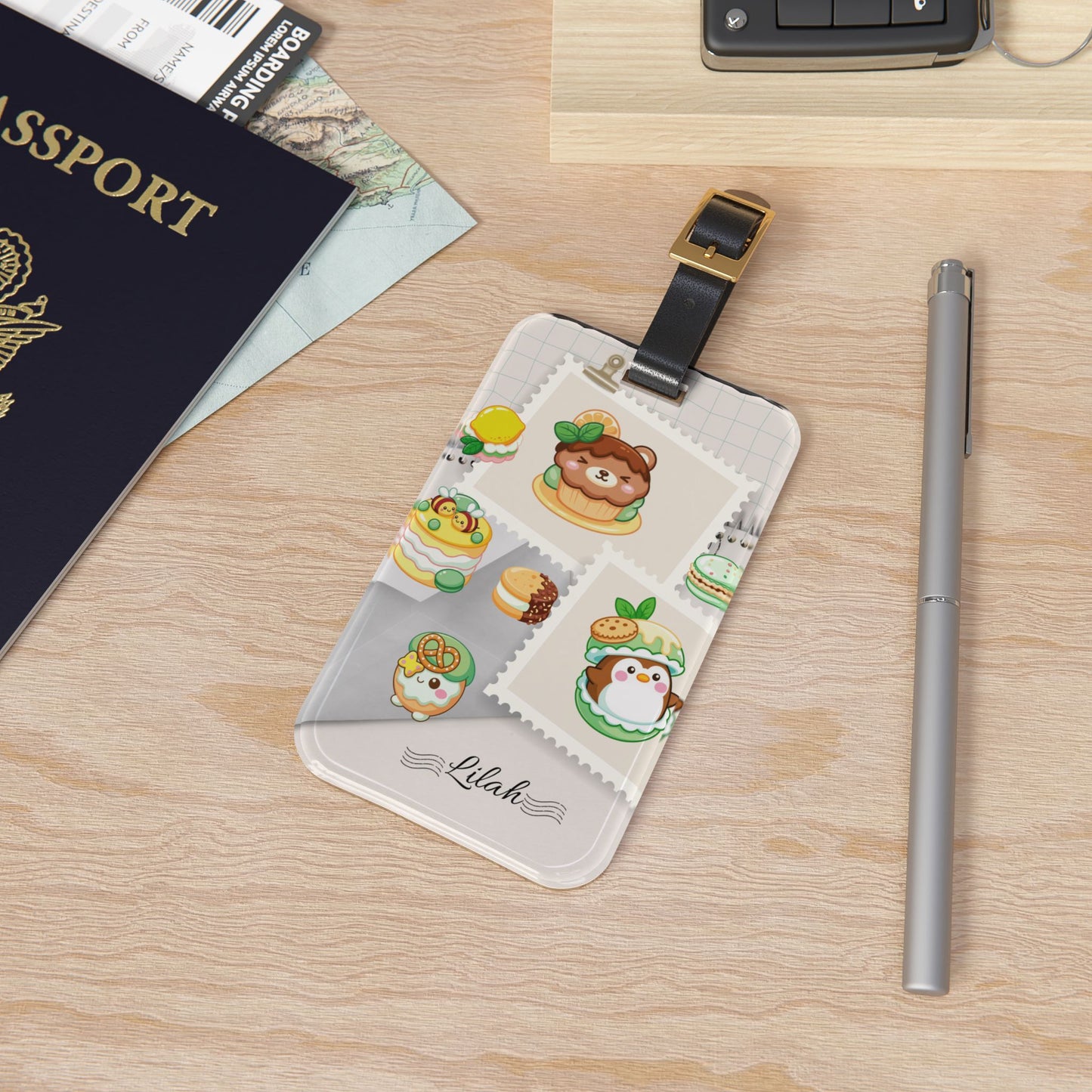Cute Dessert Stamp Luggage Tag — Personalized Name Travel ID with Kawaii Pastry Characters
