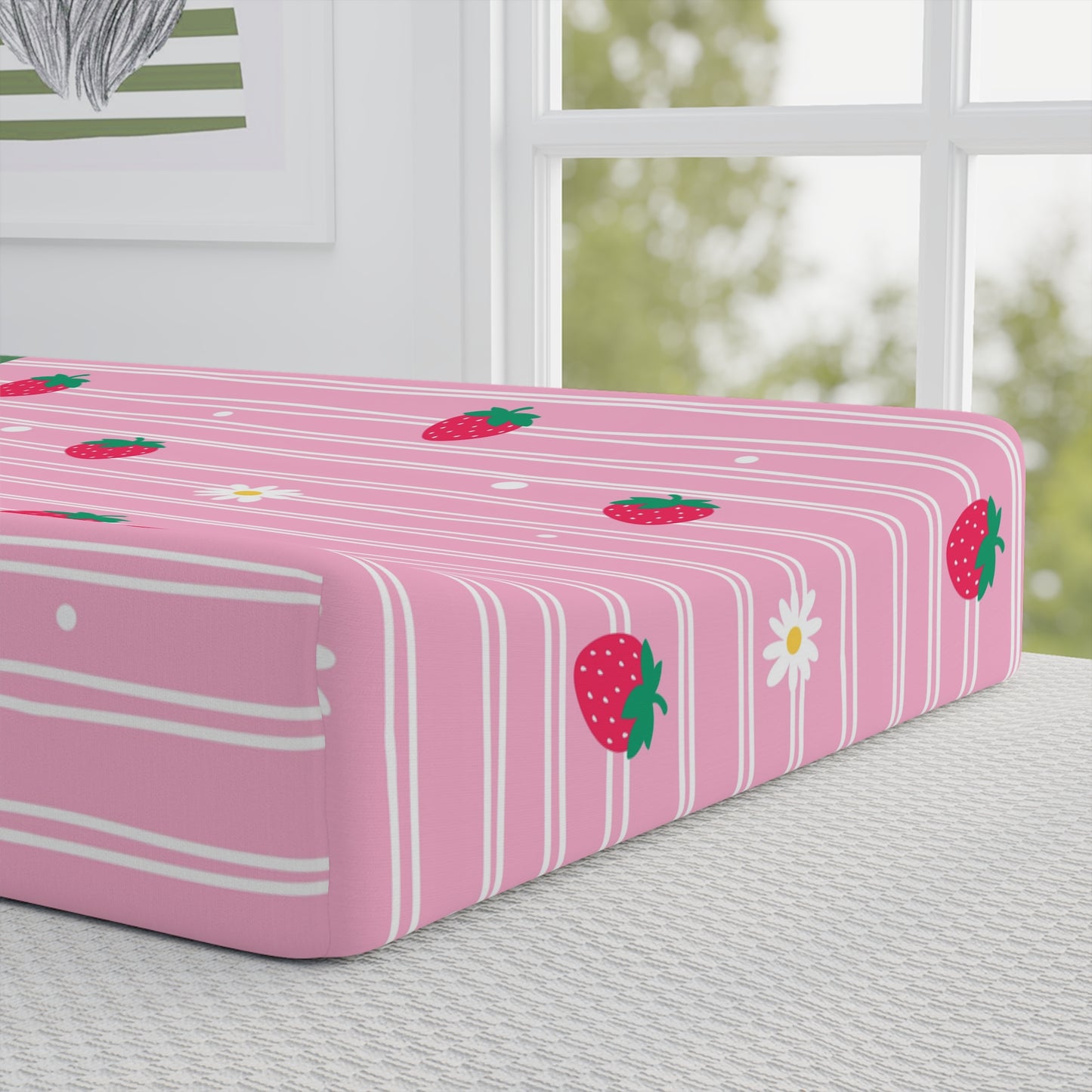 Strawberry Baby Changing Pad Cover - Pink Stripes & Daisy Print