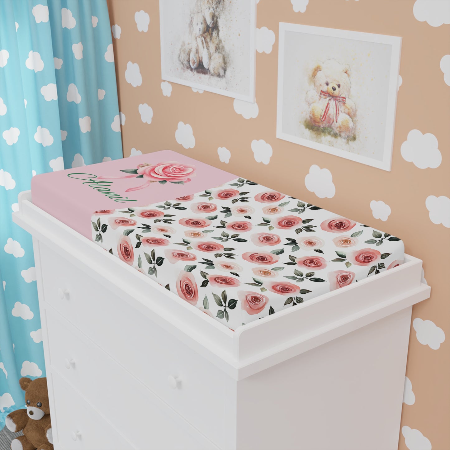 Floral Rose Baby Changing Pad Cover – Personalized Pink Nursery Décor