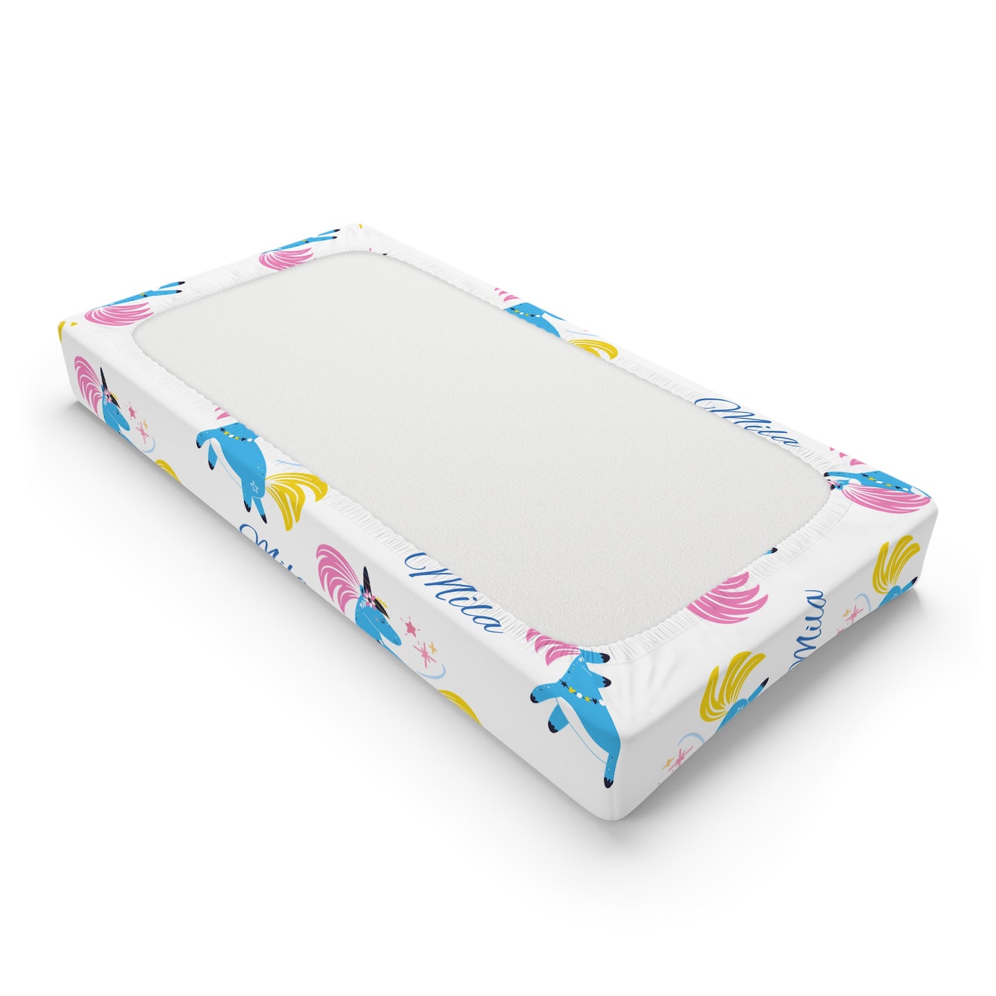 Unicorn Baby Changing Pad Cover — Cute Blue Unicorns with Name 'Mila'