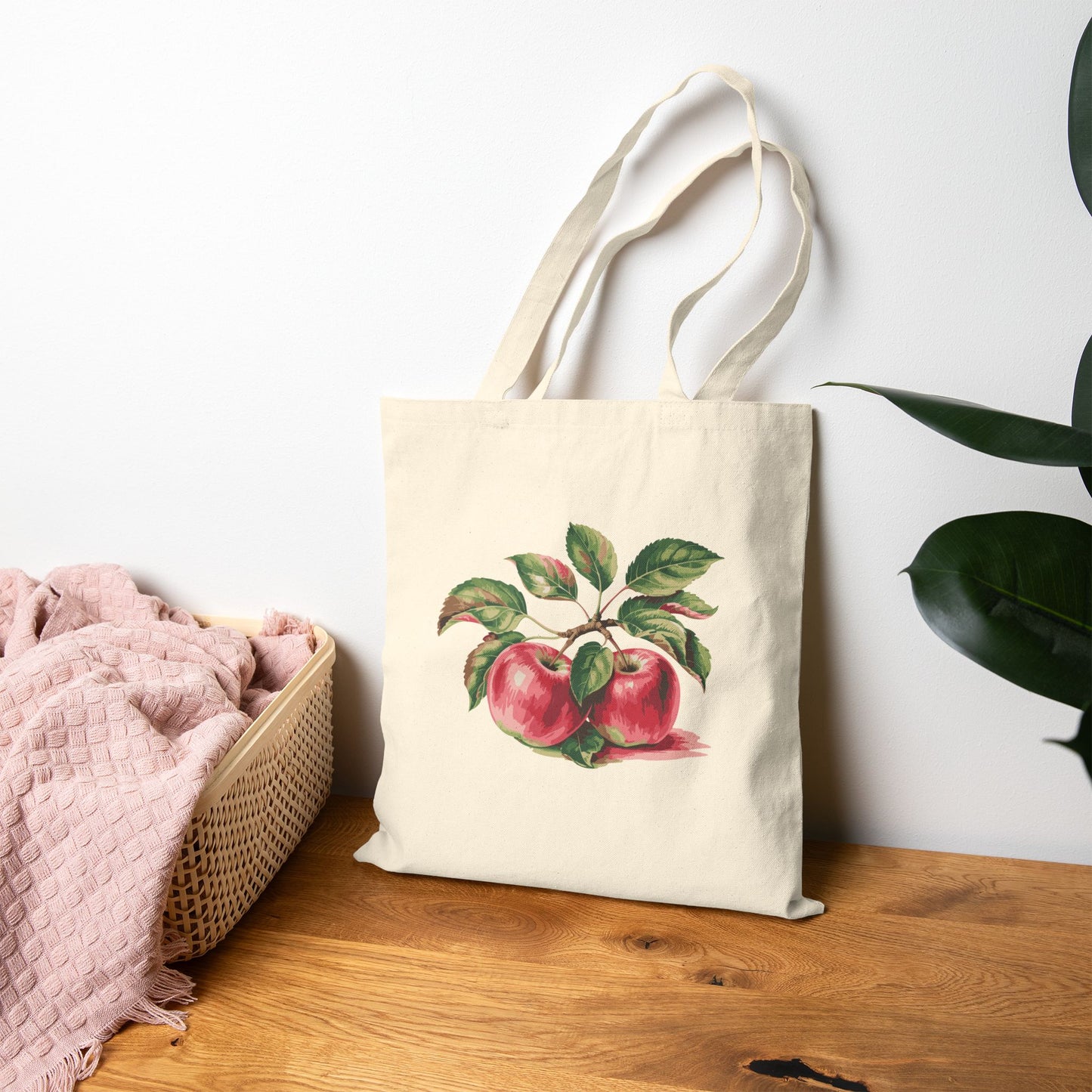 Apple Botanical Canvas Tote Bag — Vintage Fruit Market Grocery Tote