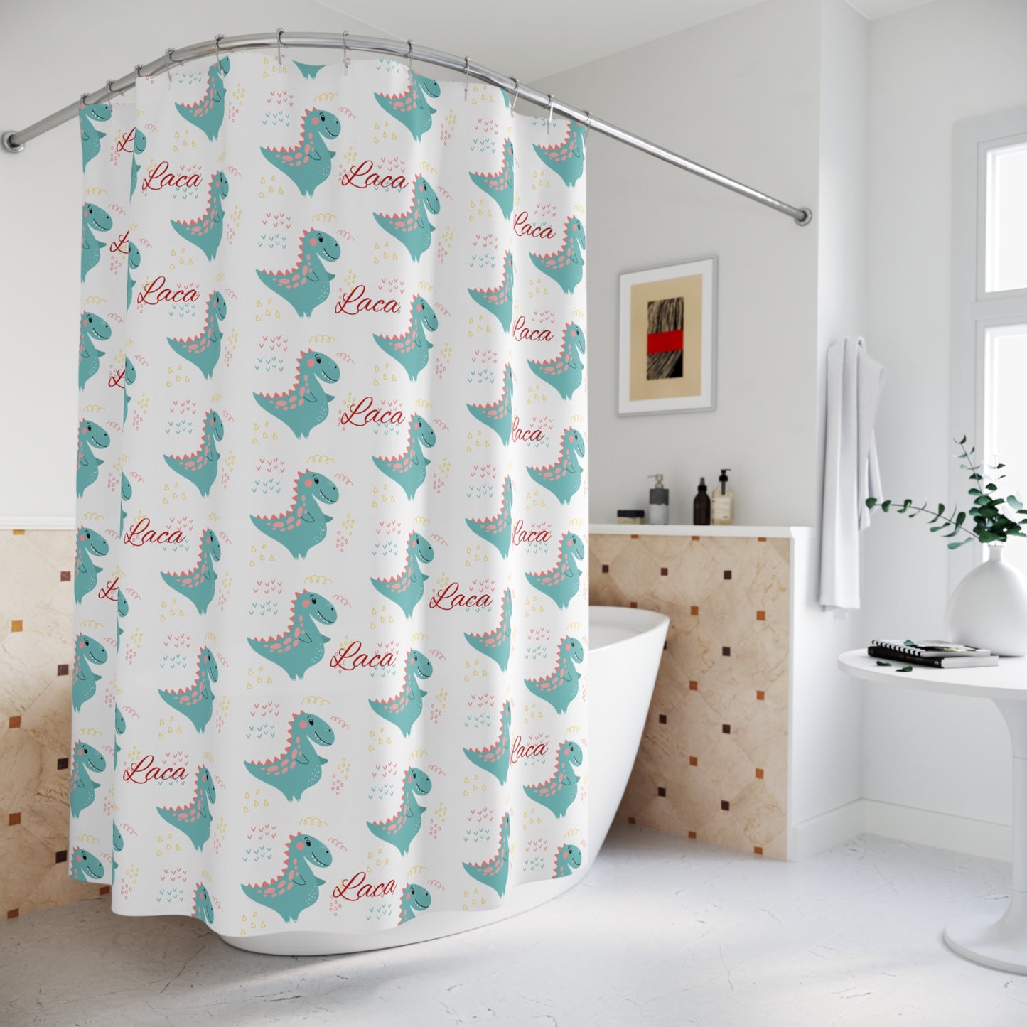 Dino Love Shower Curtain — Cute Teal Dinosaur Pattern with "Laca" Script