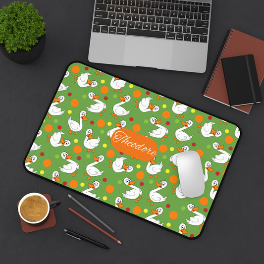 Swans & Dots Personalized Desk Mat — Custom Name Green Mouse Pad